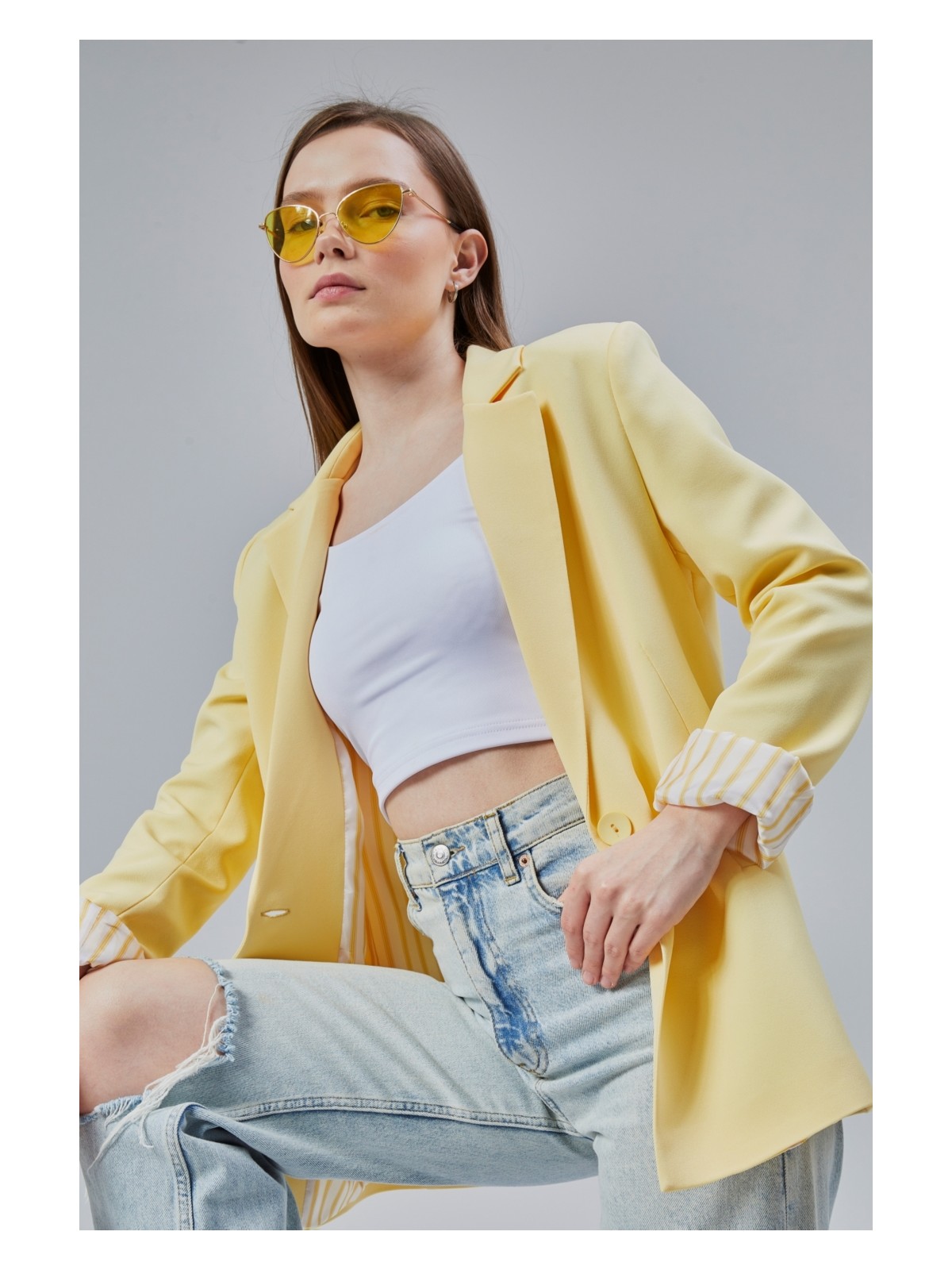 Bolivente Açık Haki Kruvaze Yaka Kolu Katlama Detaylı Regular Vatkalı Blazer Ceket - Görsel 5