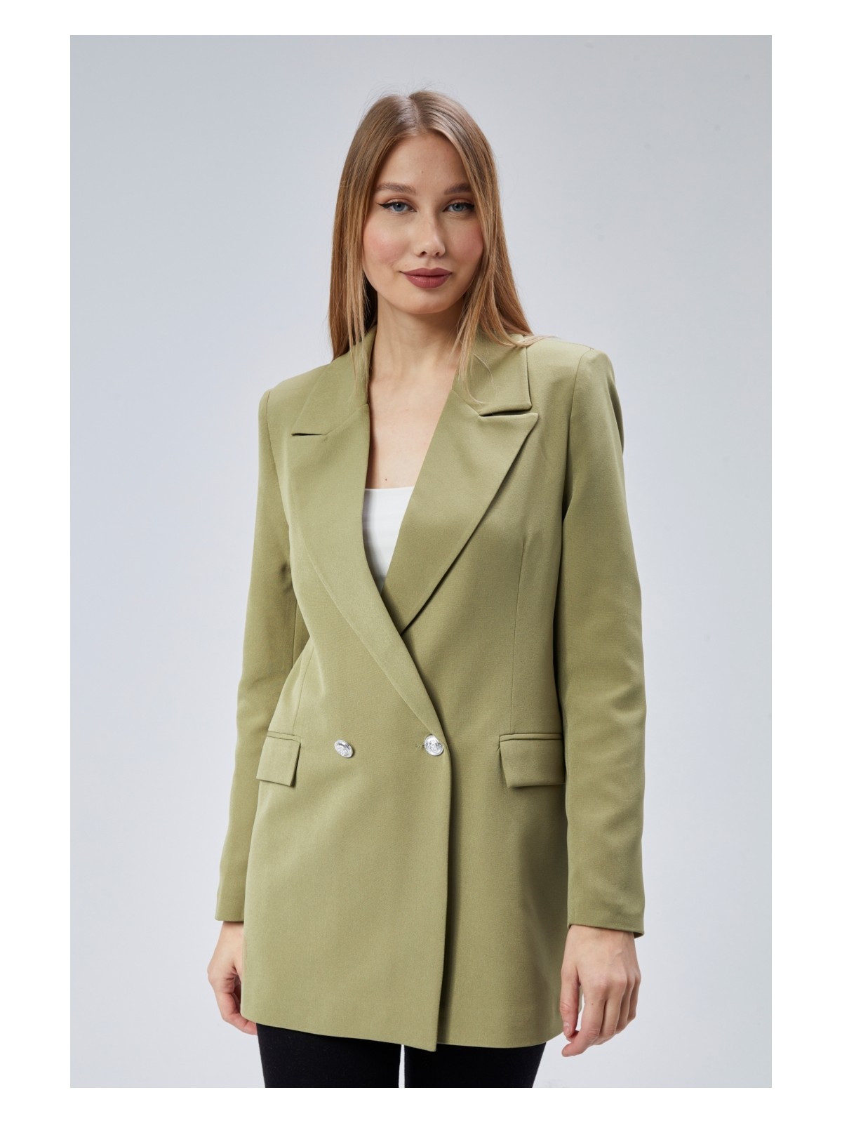 Bolivente Beyaz Oversize Dokuma Blazer Ceket - Görsel 6