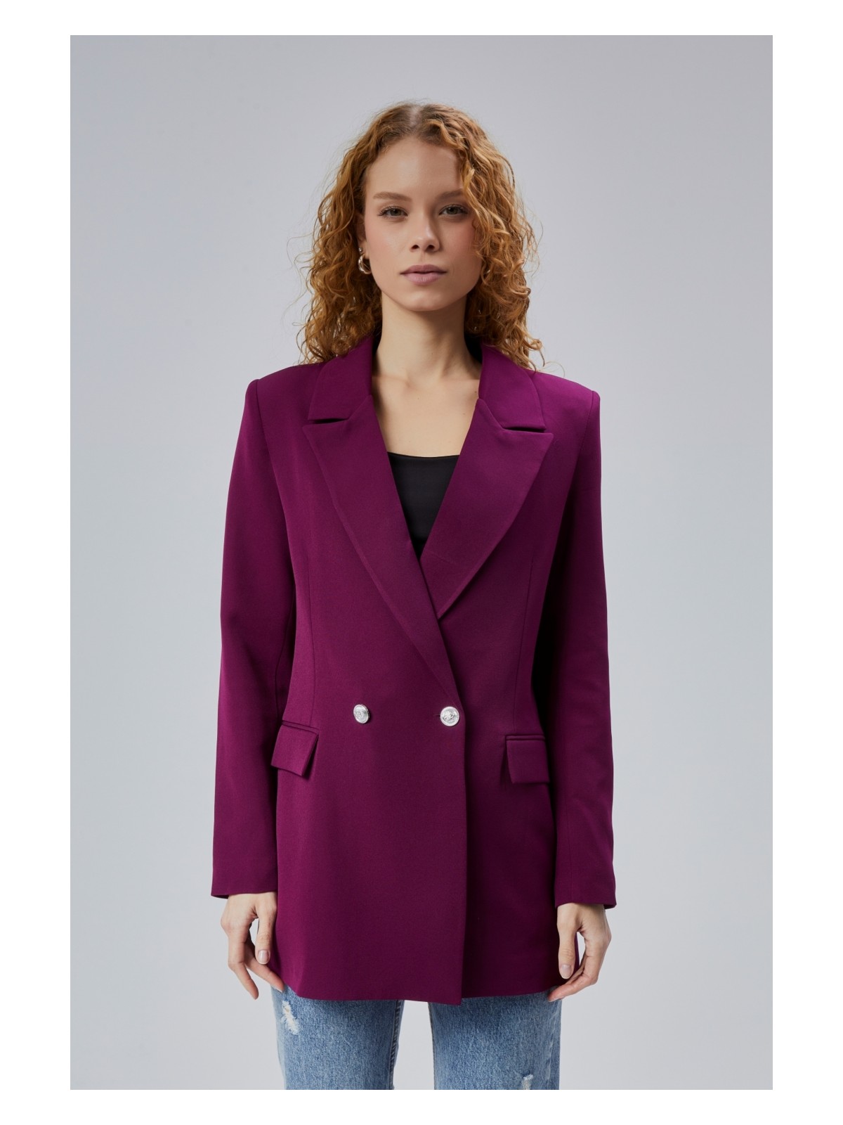 Bolivente Mor Oversize Dokuma Blazer Ceket