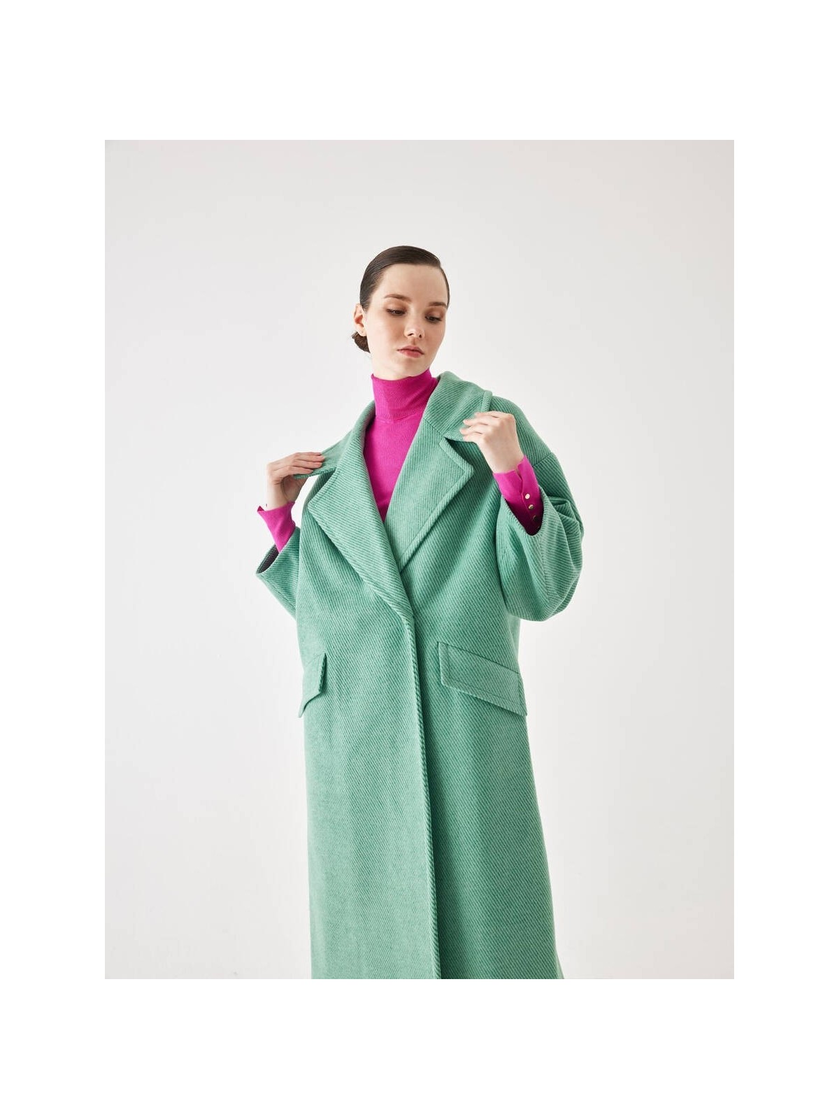 Juste Kol Detaylı Yeşil Çizgili Oversize Kaşe Kaban - Görsel 3