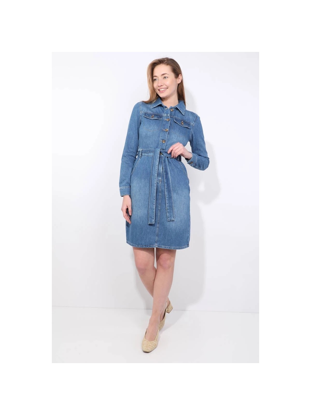 Blue White Kadın Mavi Blue White Kemerli Uzun Kollu Jean Elbise