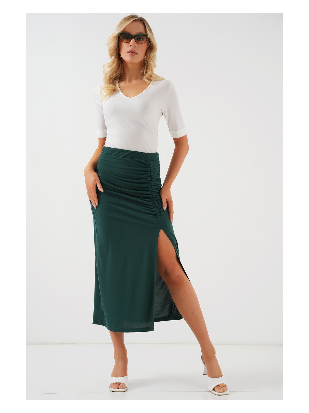 Bigdart 8033 Sandy Yırtmaçlı Etek - Zümrüt Yeşili