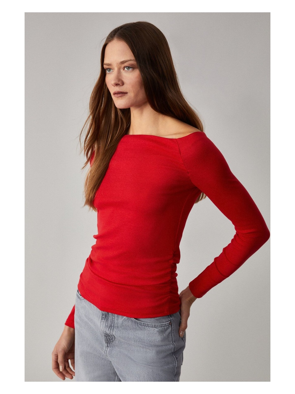 Grimelange Sissi Kadın Asimetrik Yaka Slim Fit Uzun Kollu Ekru Bluz - Görsel 6