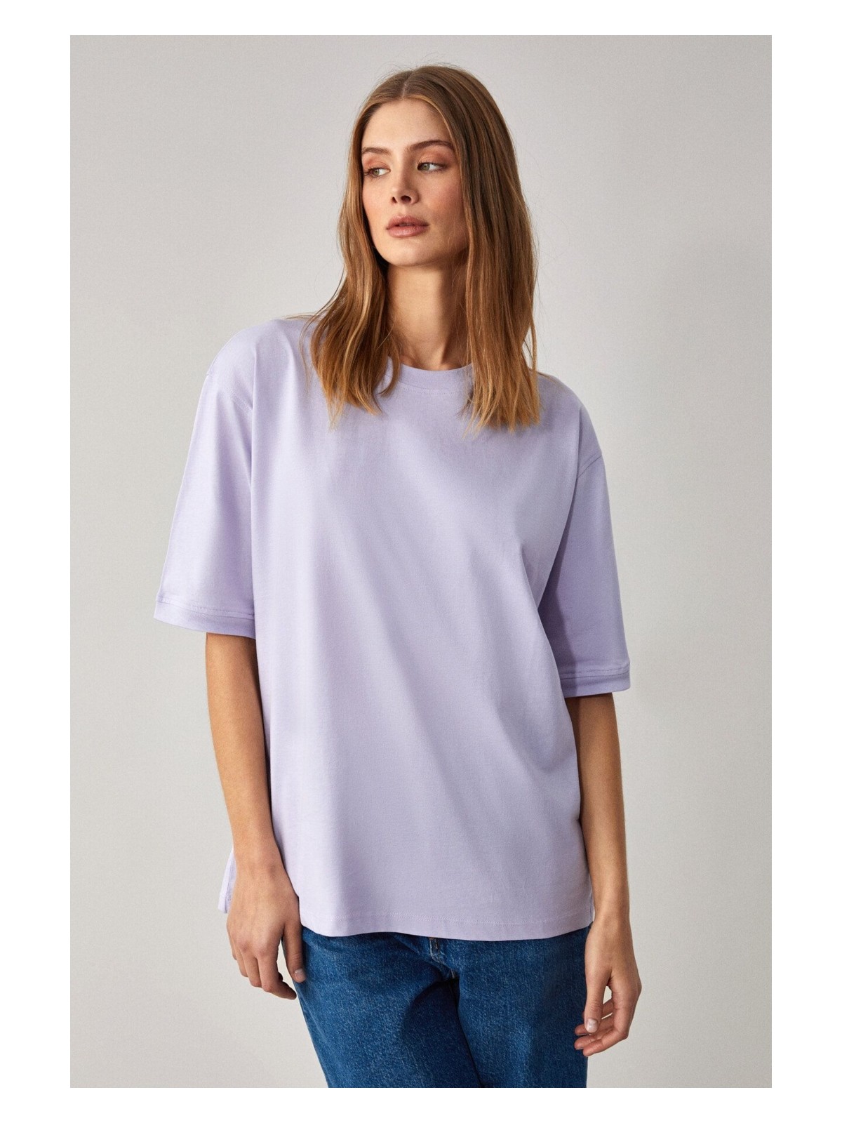 Grimelange Jemmy Kadın %100 Organik Pamuk Relaxed Fit Yırtmaçlı Yuvarlak Yakalı Lila T-Shirt