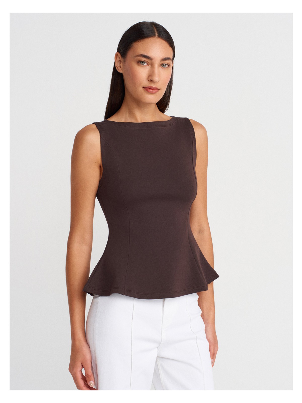 Dilvin 21001 Kayık Yaka Peplum Top-Mor - Görsel 5