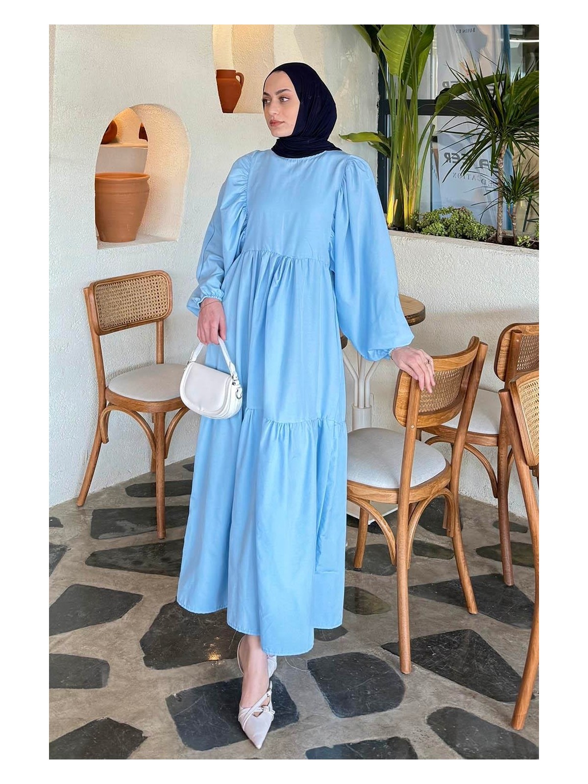 Lamelif Balon Kol Katlı Yazlık Elbise Şeker Pembesi - Görsel 3