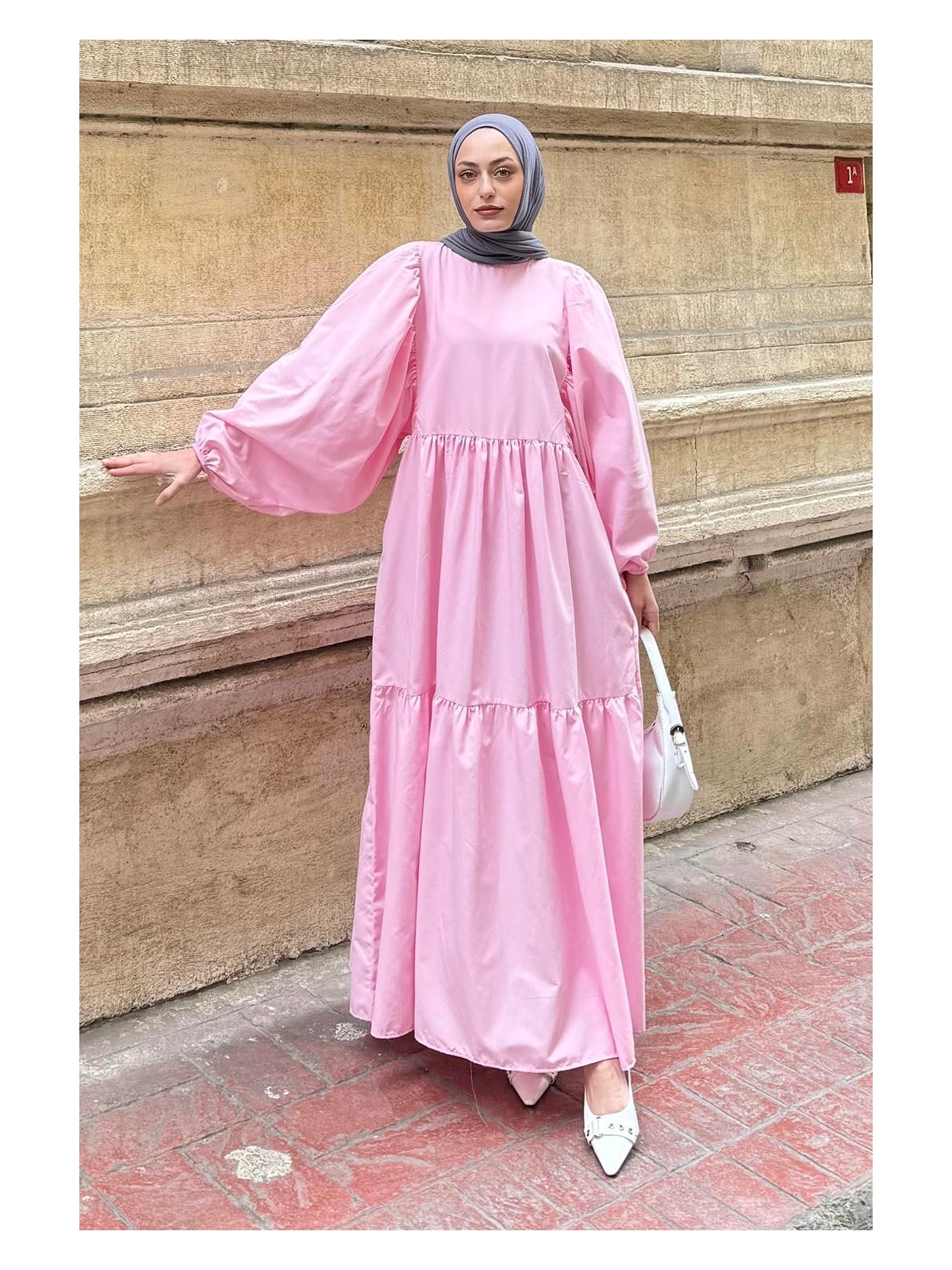 Lamelif Balon Kol Katlı Yazlık Elbise Şeker Pembesi