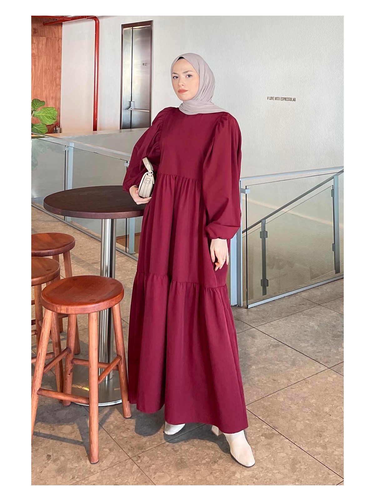 Lamelif Balon Kol Katlı Yazlık Elbise Bordo