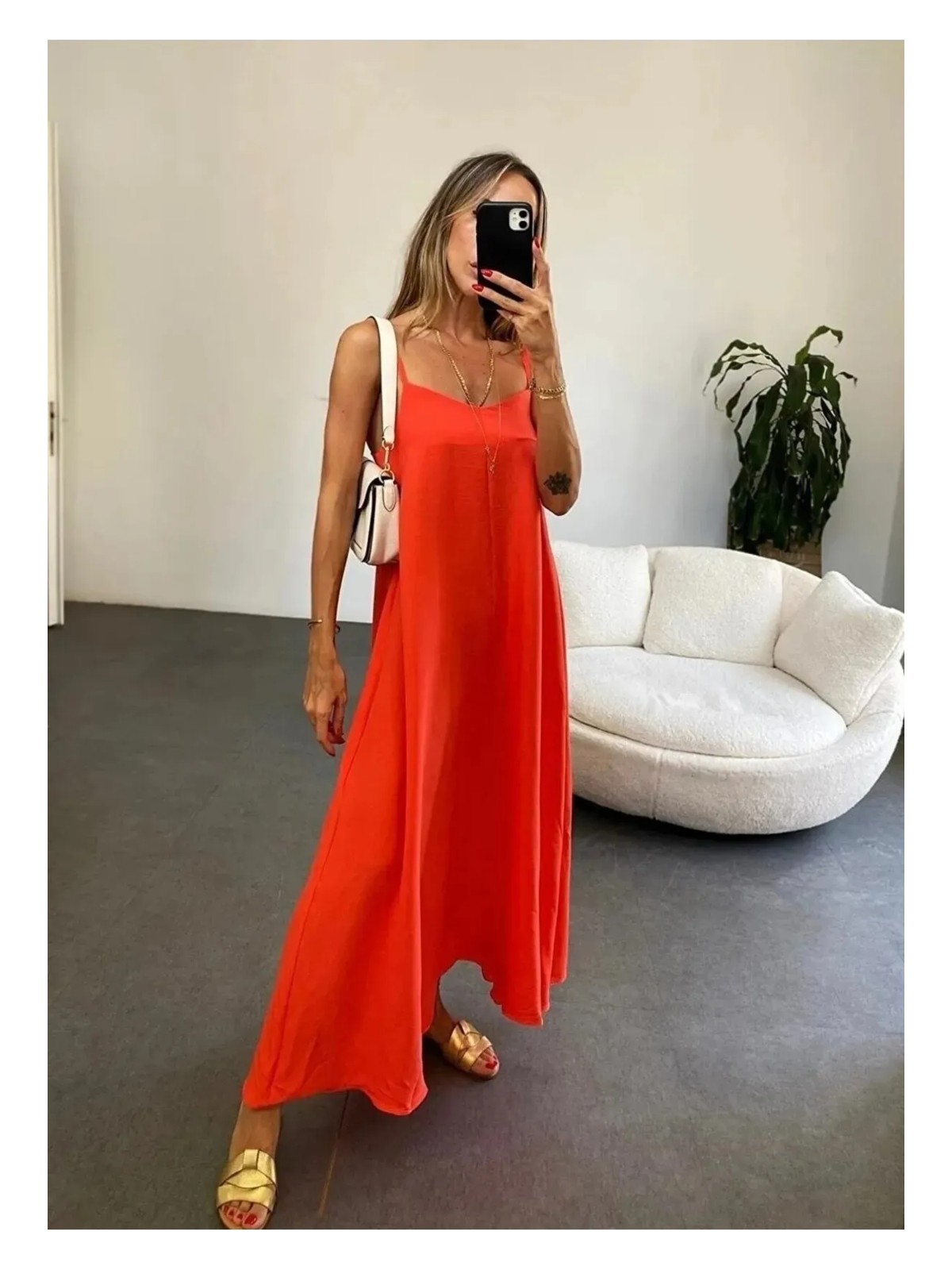 Lindalina Tekstil Kadın Orange Ayarlanabilir Askılı Pamuklu Yazlık Uzun Elbise
