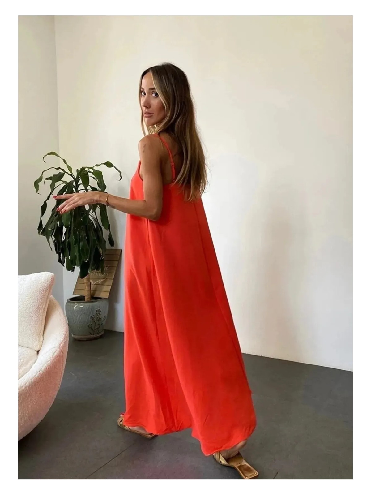 Lindalina Tekstil Kadın Orange Ayarlanabilir Askılı Pamuklu Yazlık Uzun Elbise - Görsel 2