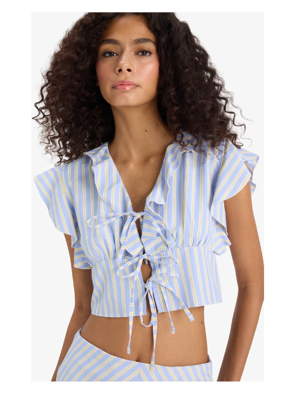 DeFacto Slim Fit Dar Kesim V Yaka Çizgili Önden Bağlamalı Poplin Kolsuz Bluz F6058AX25SM