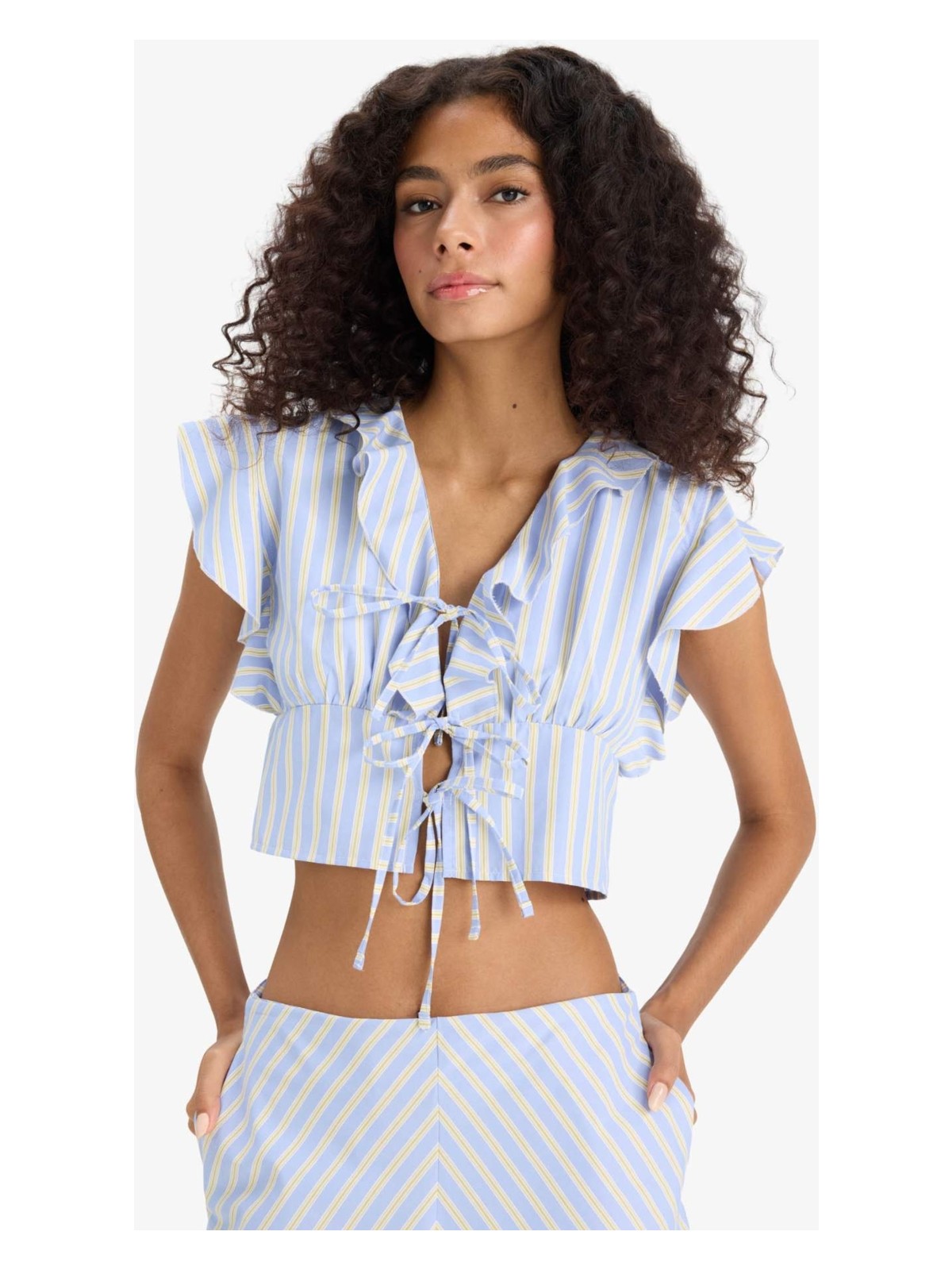 DeFacto Slim Fit Dar Kesim V Yaka Çizgili Önden Bağlamalı Poplin Kolsuz Bluz F6058AX25SM - Görsel 4