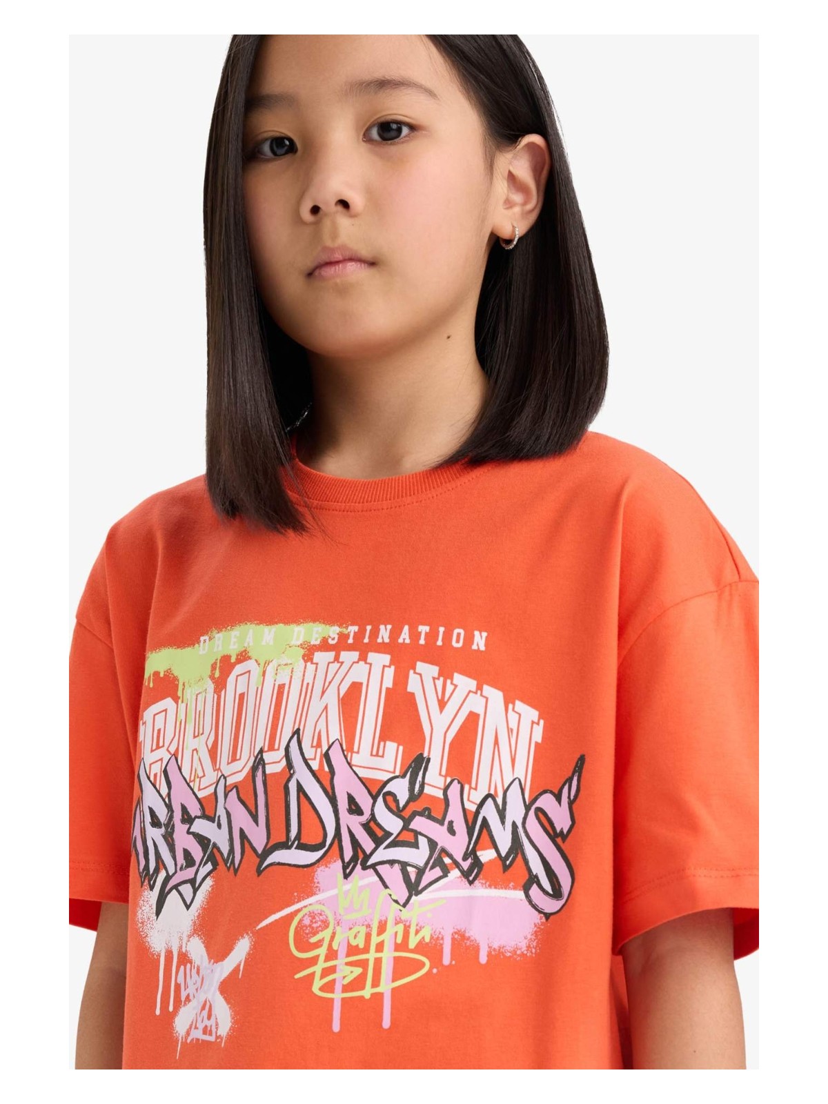 DeFacto Oversize Geniş Kalıp Baskılı Bisiklet Yaka Kısa Kollu Tişört Kız Çocuk E0386A825SM