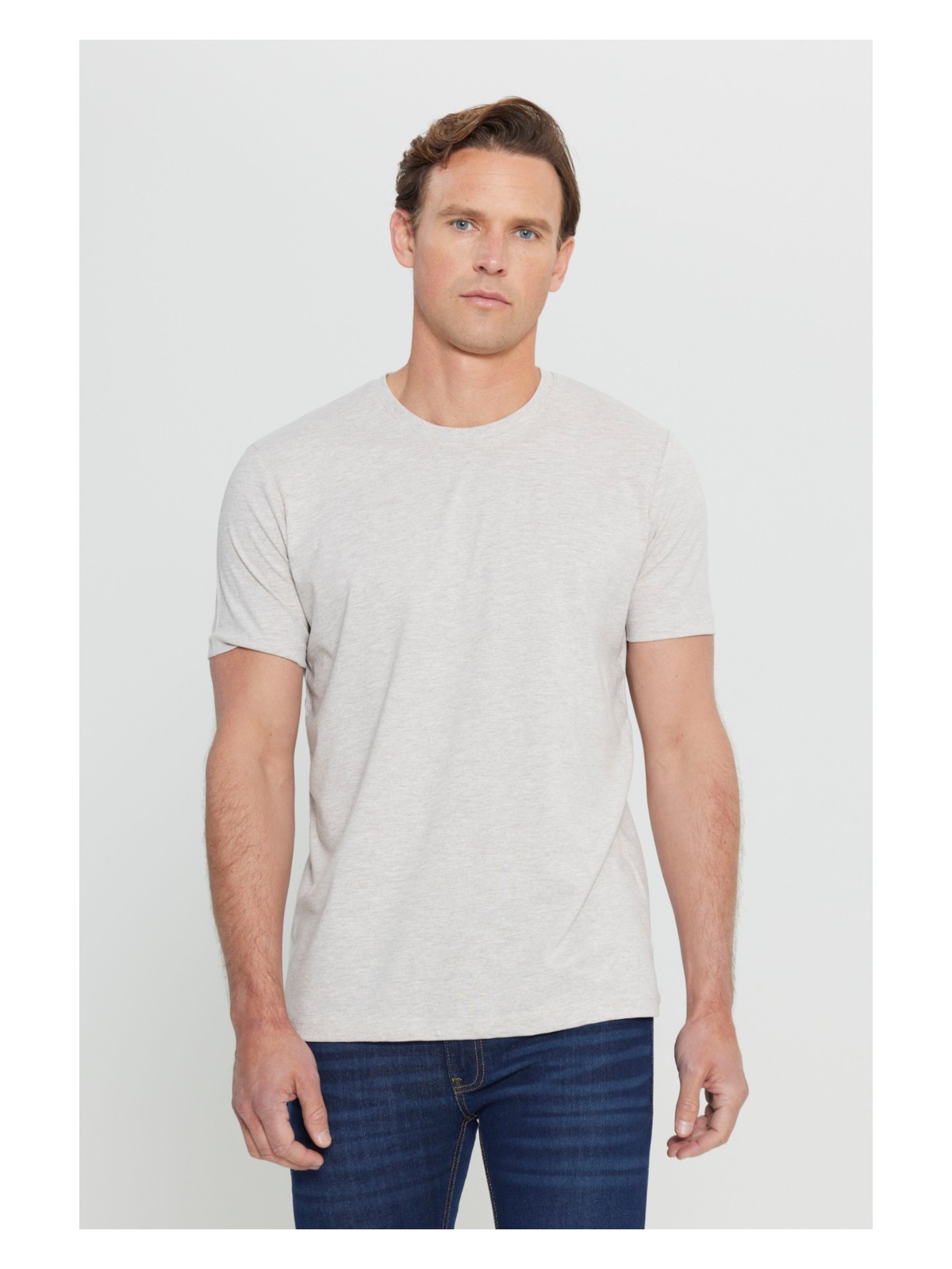 Altınyıldız Classics Erkek Bej Melanj Pamuklu Slim Fit Dar Kesim Bisiklet Yaka Tişört