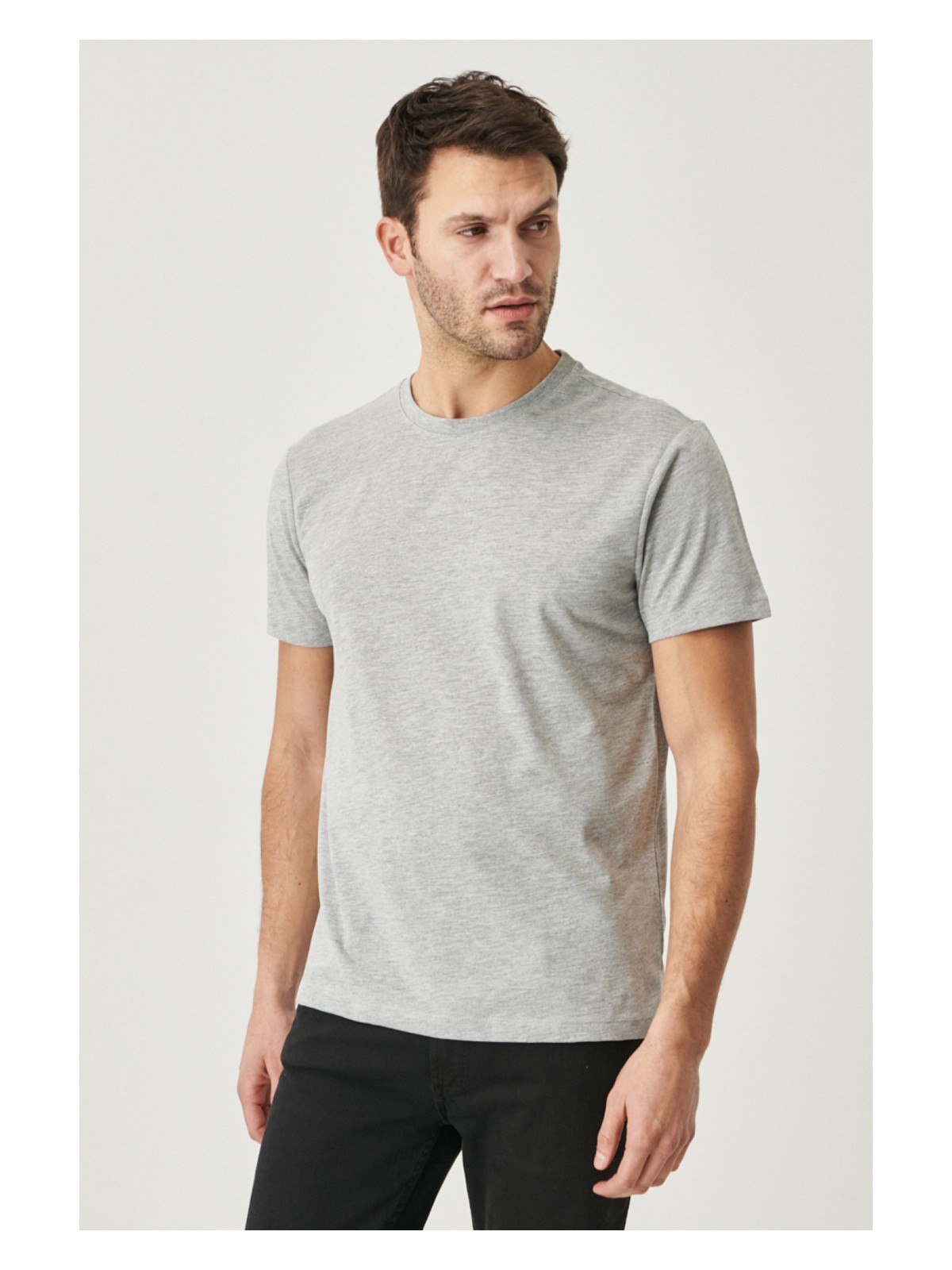 Altınyıldız Classics Erkek Gri Melanj Pamuklu Slim Fit Dar Kesim Bisiklet Yaka Tişört