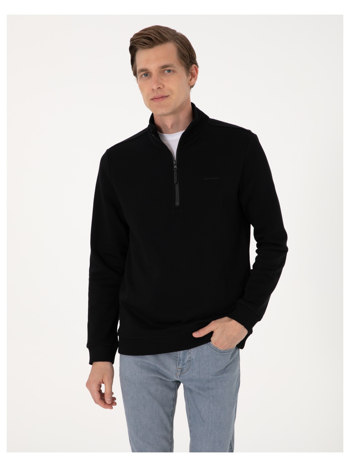 Pierre Cardin Erkek Ekru 3 İplik Regular Fit Fermuarlı Dik Yaka Basic Sweatshirt 50314044-VR019 - Görsel 3