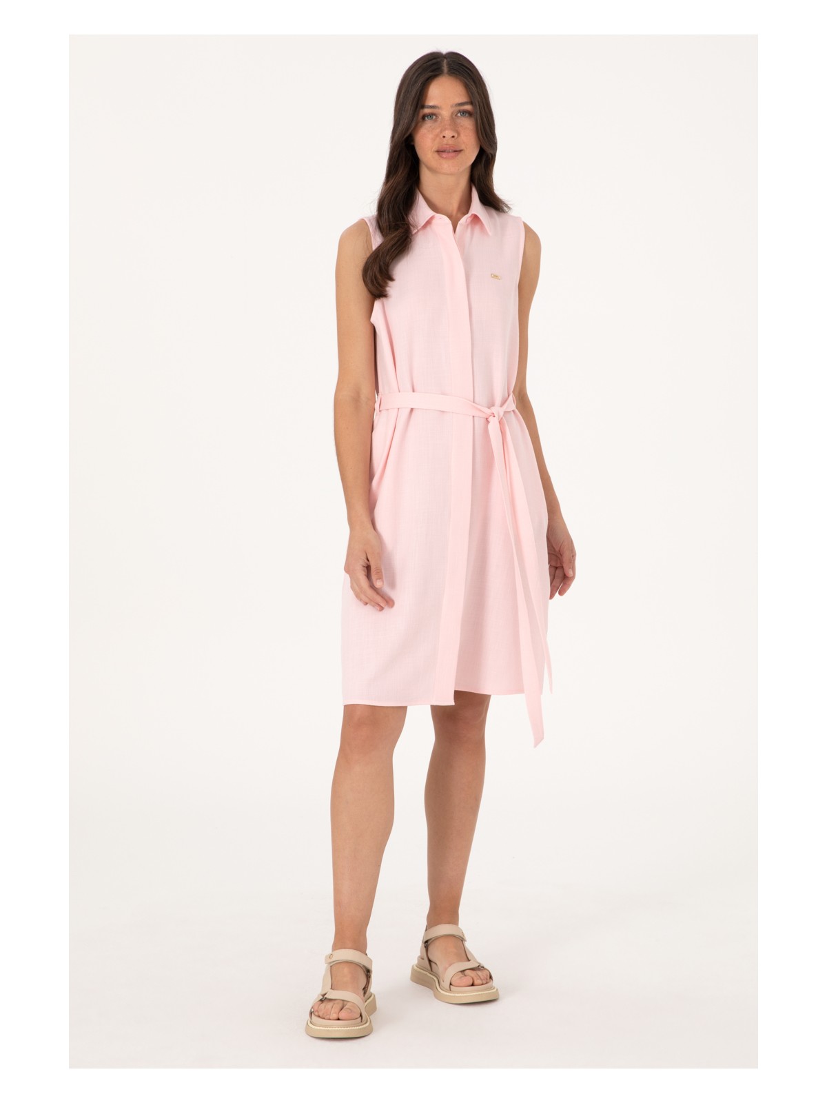 U.S. Polo Assn. Kadın Açık Pembe Kemerli Mini Boy Dokuma Elbise 50306644-VR078