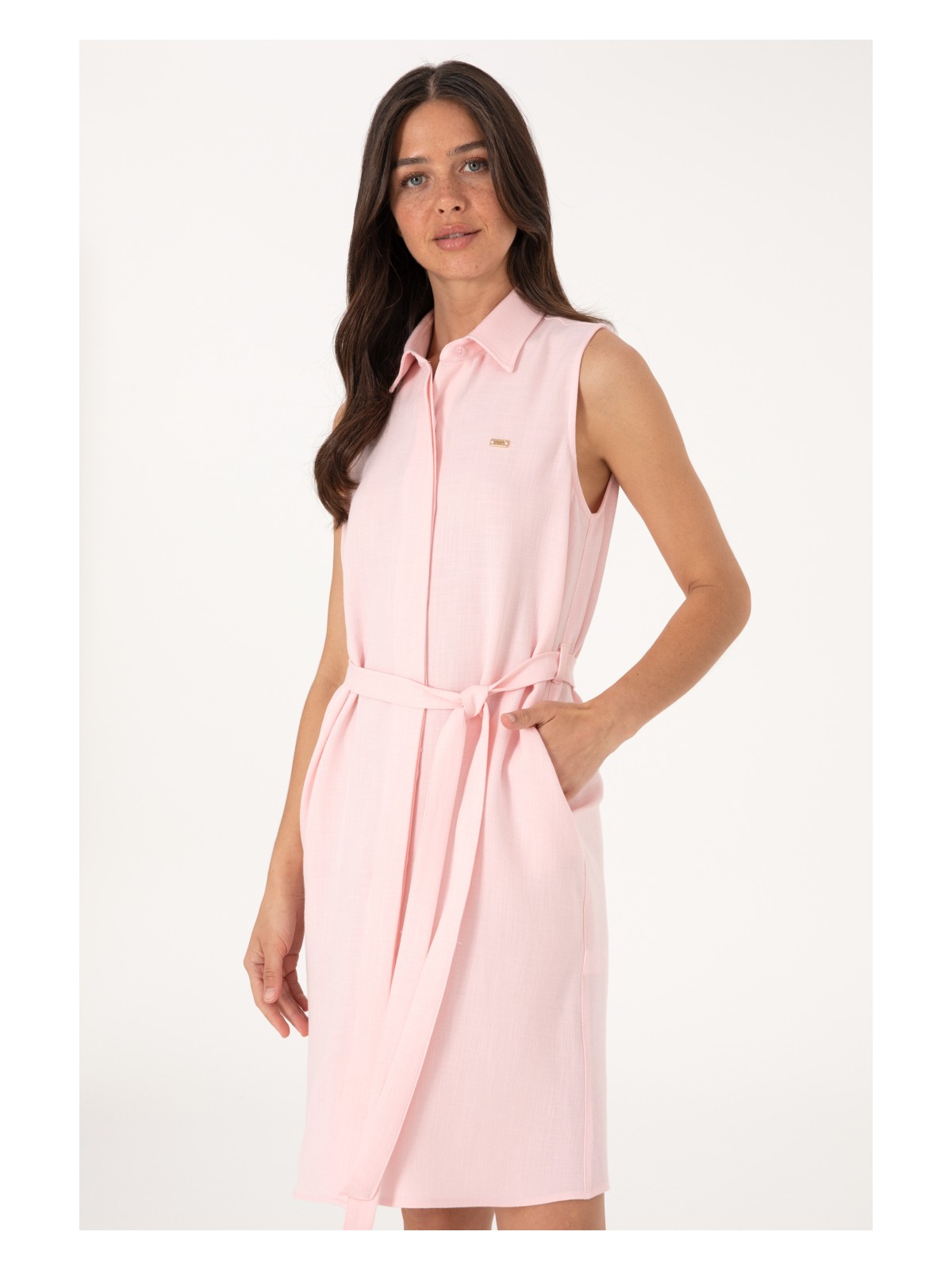 U.S. Polo Assn. Kadın Açık Pembe Kemerli Mini Boy Dokuma Elbise 50306644-VR078 - Görsel 2
