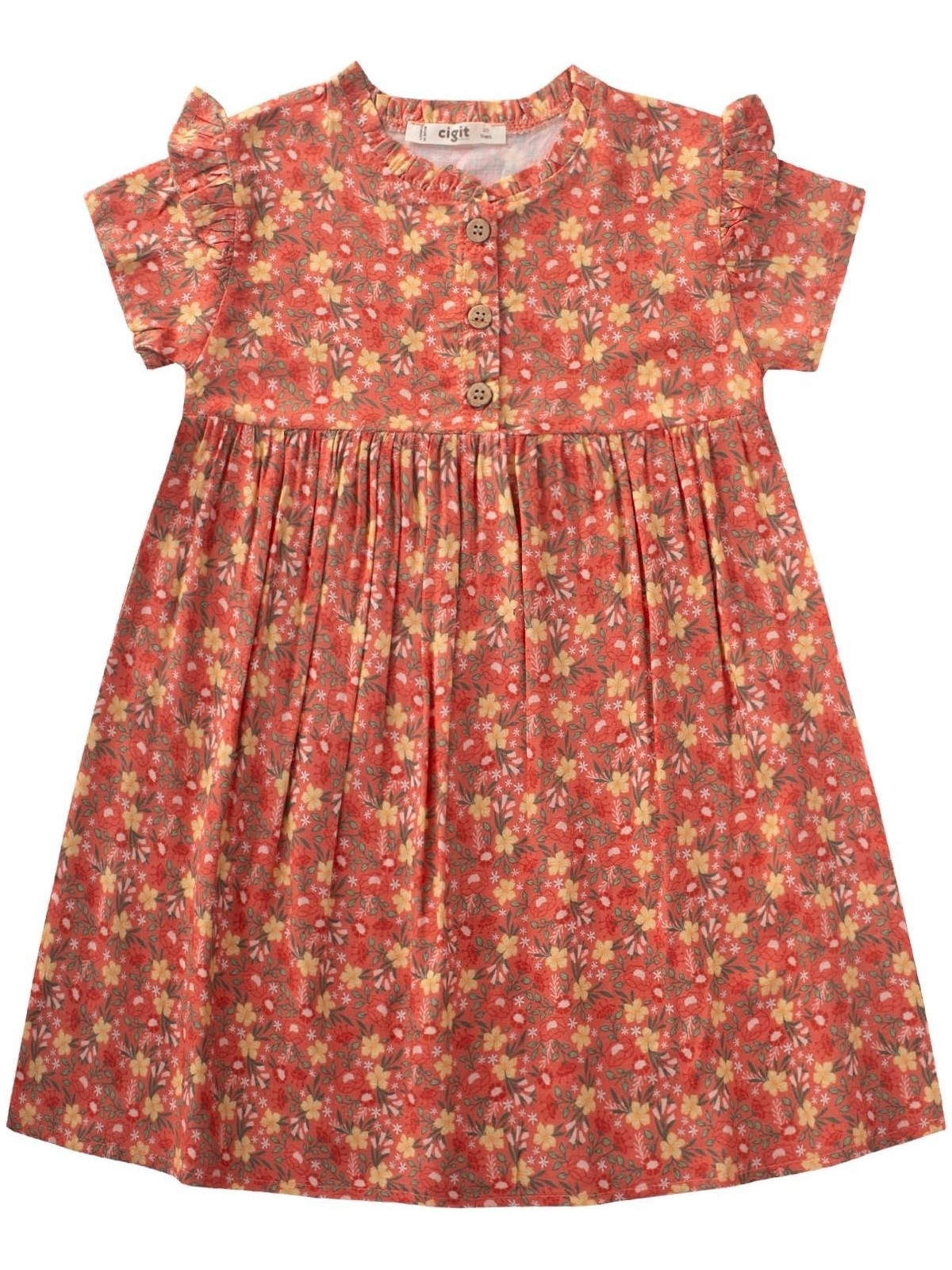 Cigit Çiçek Desenli Viskon Elbise 2-10 Yaş Yavruağzı
