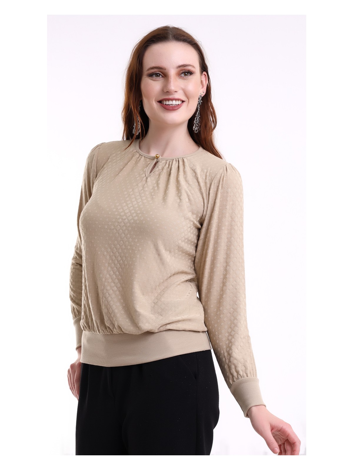 Şiir Harare Kadın Siyah Büzgülü Damla Yaka Düğmeli Örme Jakar Esnek Penye Uzun Kol Bluz & Tesettür Bluz - Görsel 4