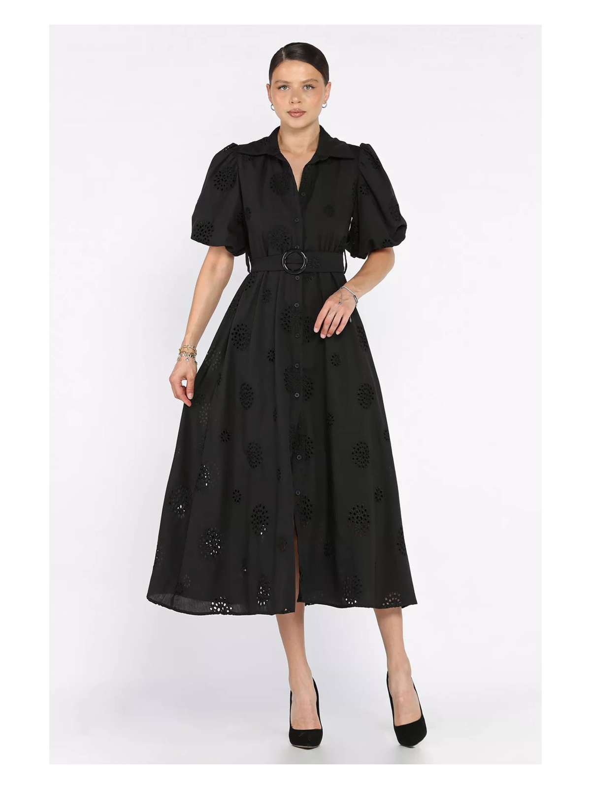 Gülseli Gömlek Yaka Boydan Düğmeli Kemerli Elbise P-00017595