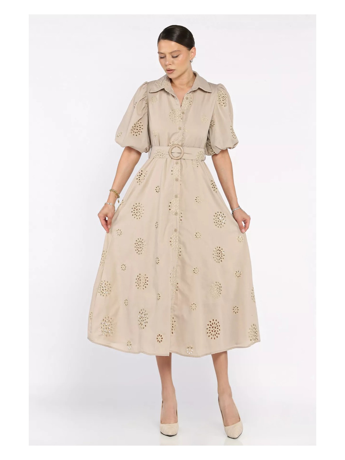 Gülseli Gömlek Yaka Boydan Düğmeli Kemerli Elbise P-00017595 - Görsel 5