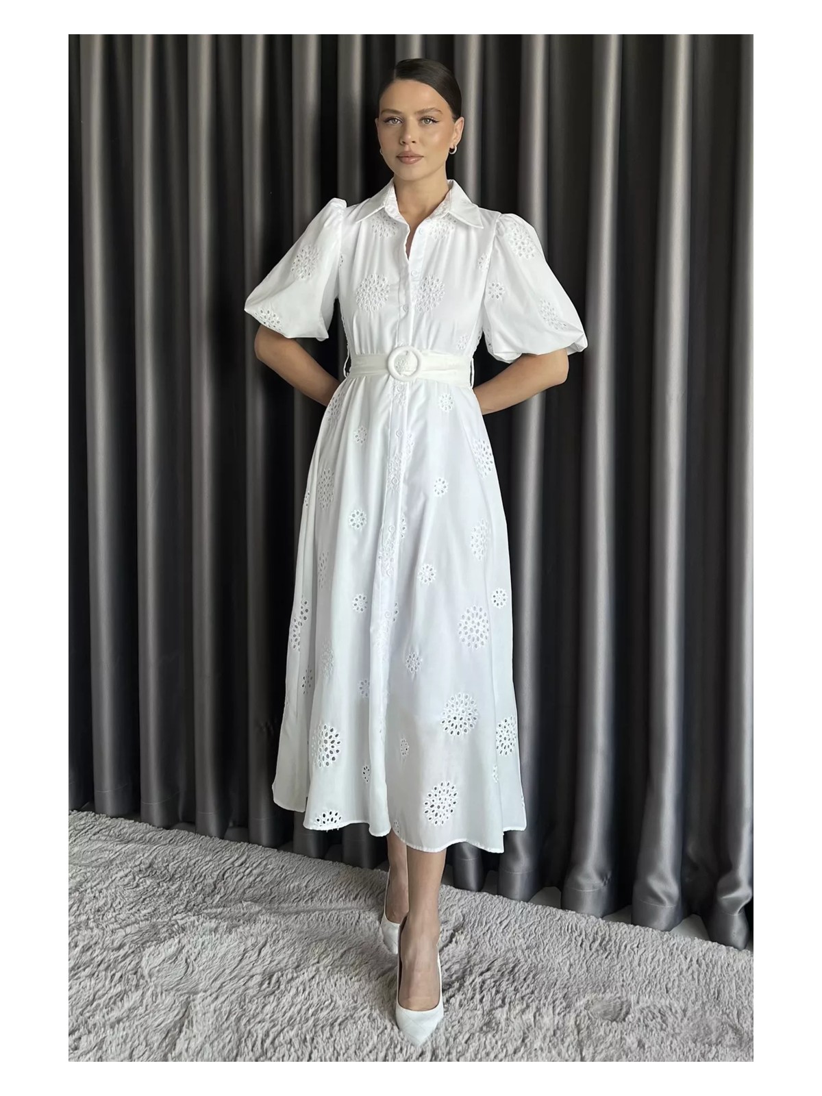 Gülseli Gömlek Yaka Boydan Düğmeli Kemerli Elbise P-00017595 - Görsel 4