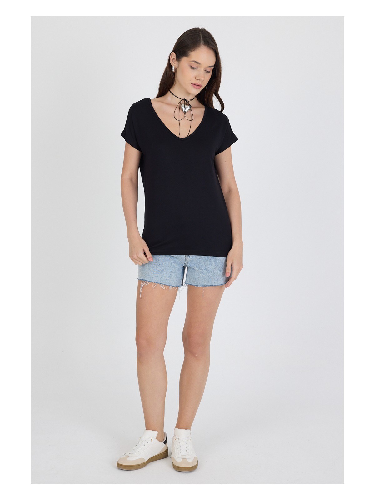 Rodi Ön Arka V Yaka Siyah Kadın T-Shirt 0003