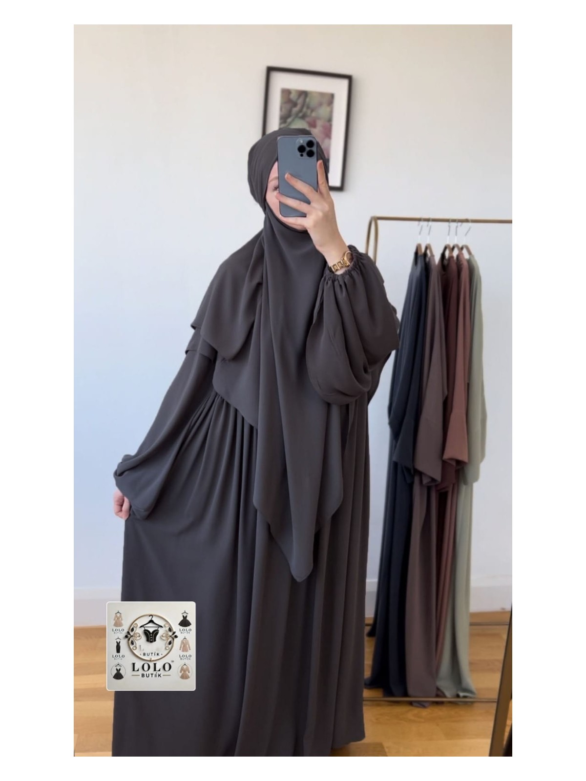 Moda Ferace Sufle Peçe Takım Kiremit (Üç Parça Set) Medine Ipeği gri rengi