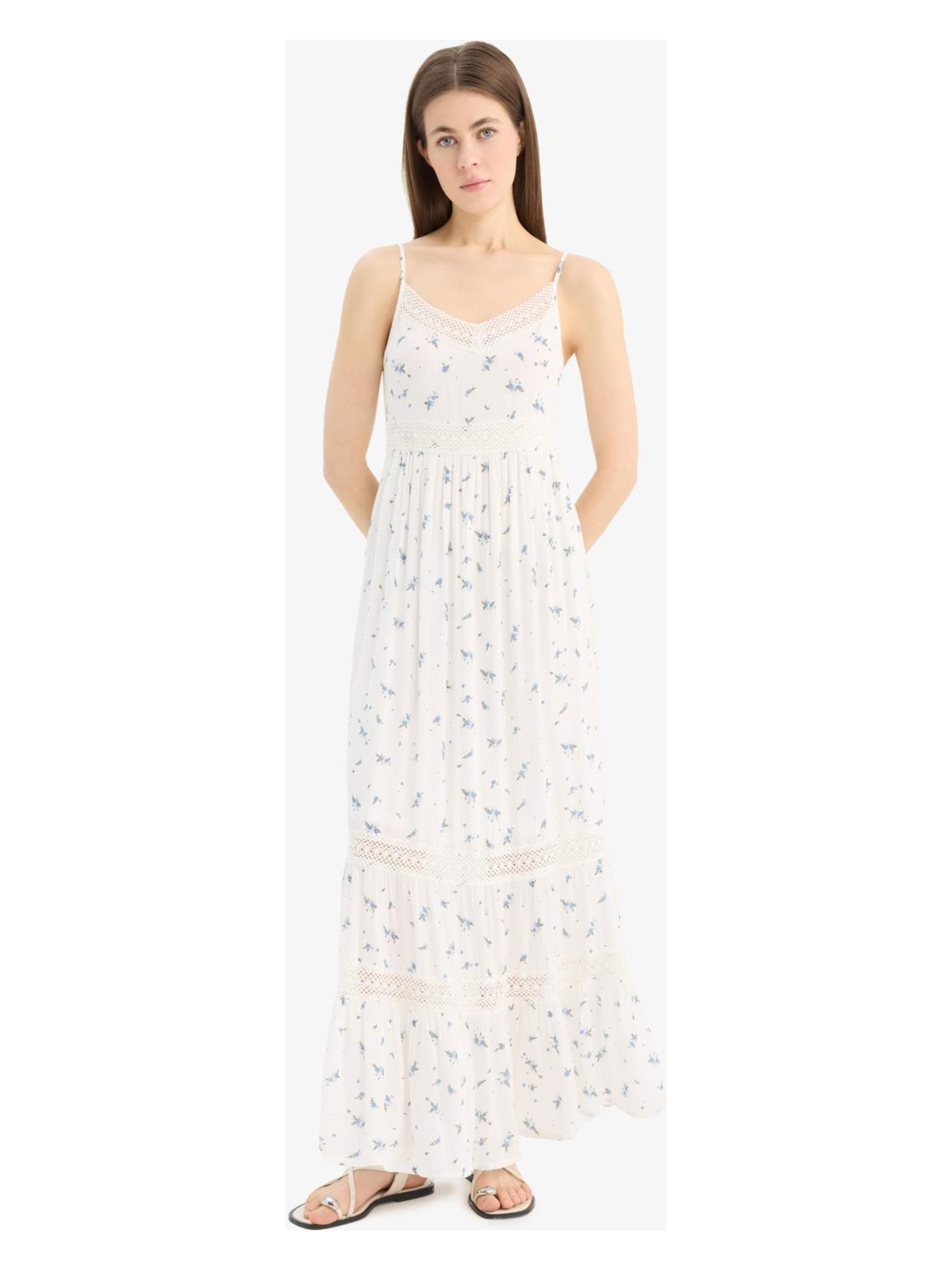 DeFacto A Kesim Dantelli V Yaka Çiçekli Krinkıl Kumaş Askılı Maxi Elbise E6069AX25SM - Görsel 2