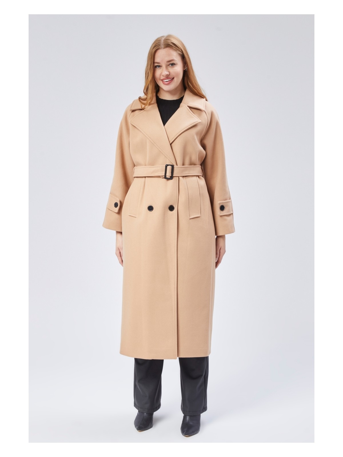 Bolivente Kadın Regular Kemerli Kaşe Kaban - Görsel 3