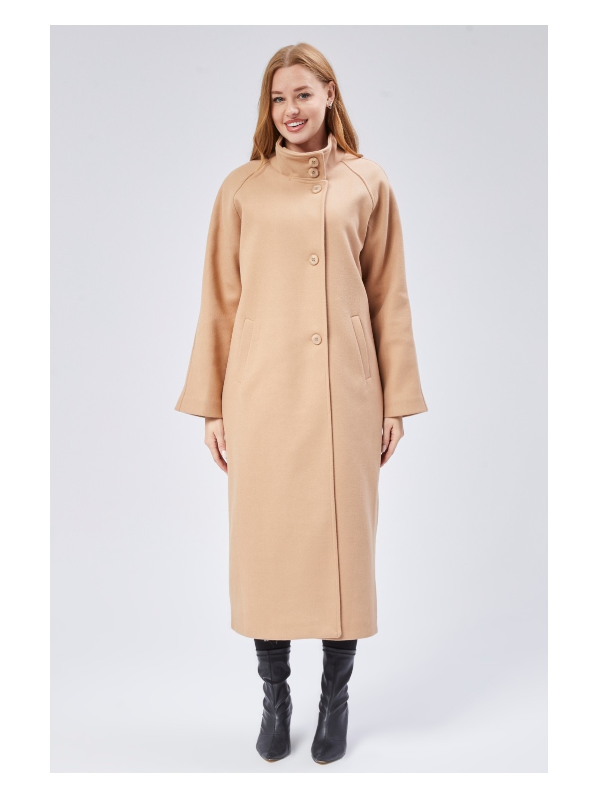 Bolivente Bej Dik Yaka Oversize Uzun Yünlü Kaşe Kaban