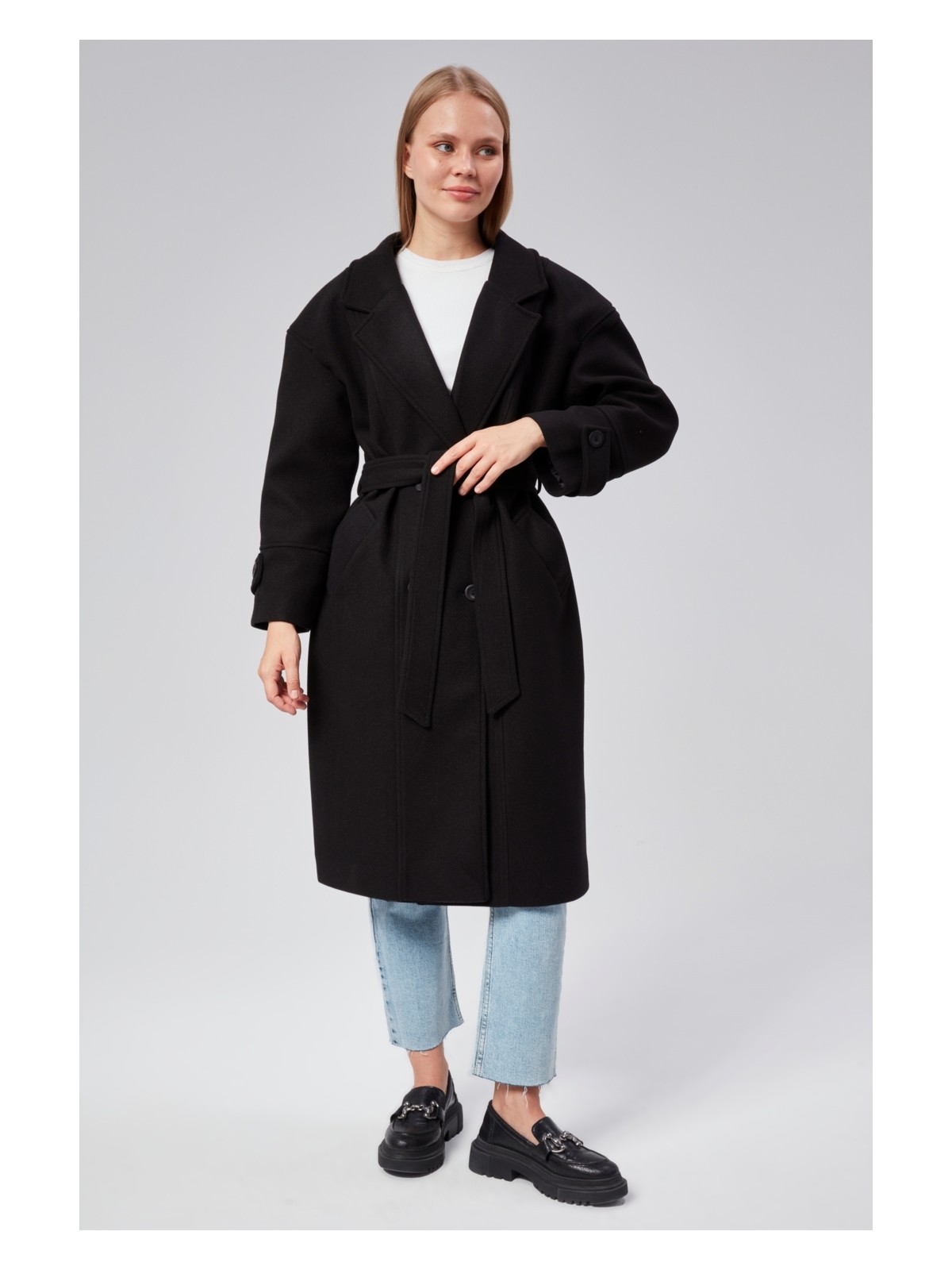 Bolivente Kuşaklı Oversize Kaşe Kaban - Görsel 2