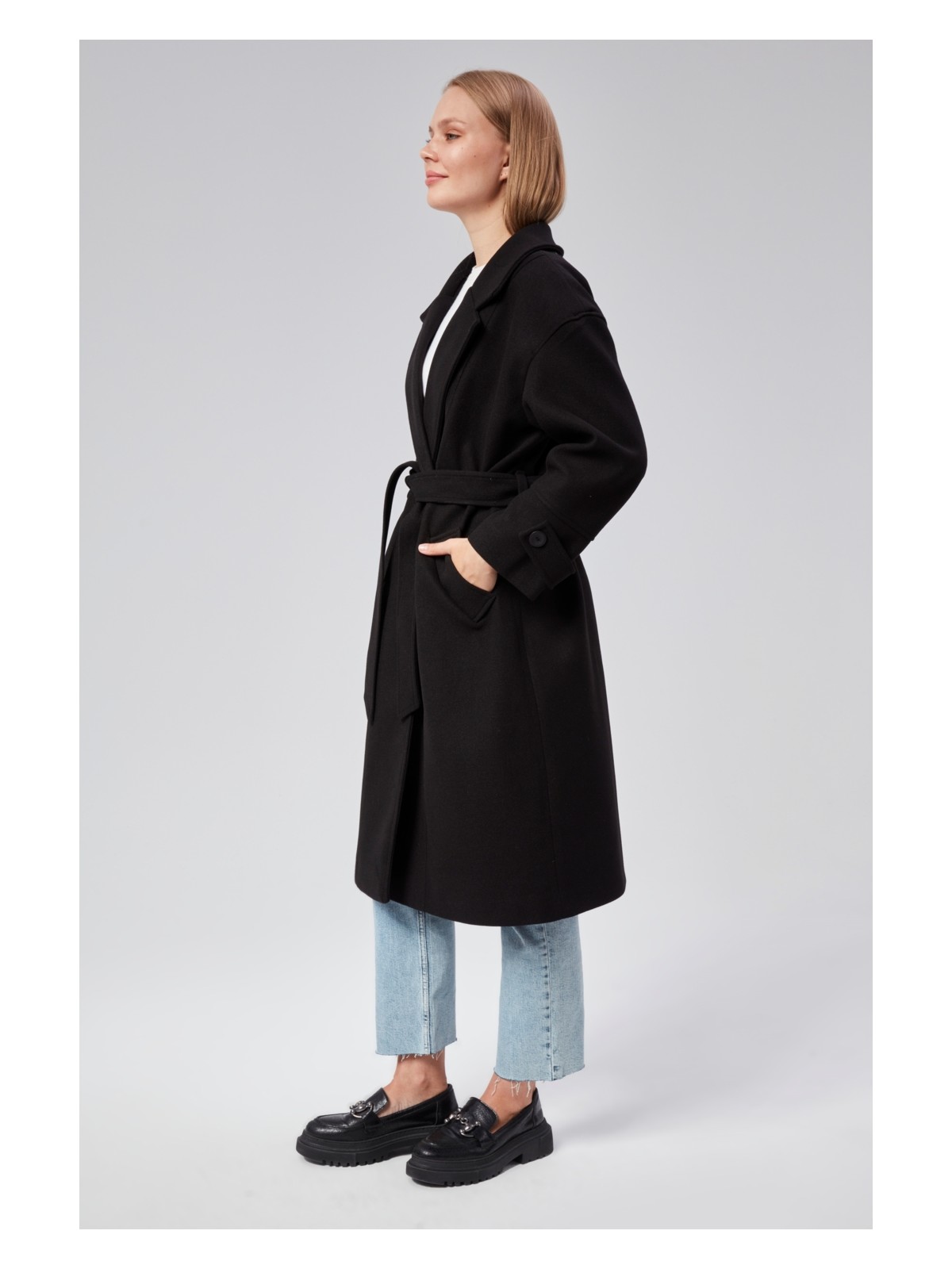 Bolivente Kuşaklı Oversize Kaşe Kaban - Görsel 3