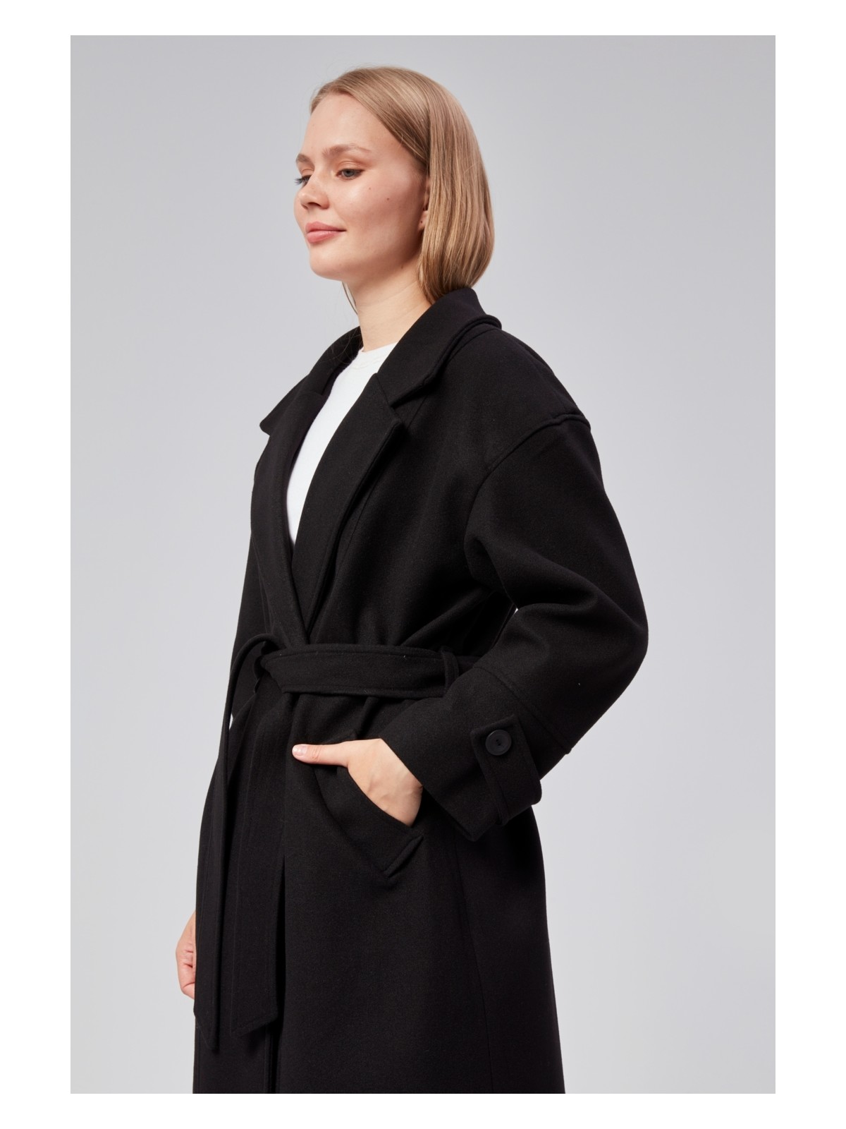 Bolivente Kuşaklı Oversize Kaşe Kaban - Görsel 5