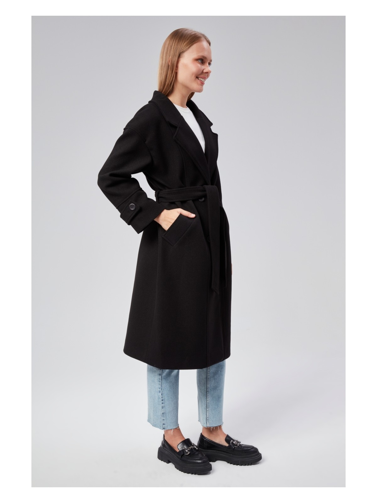Bolivente Kuşaklı Oversize Kaşe Kaban - Görsel 6