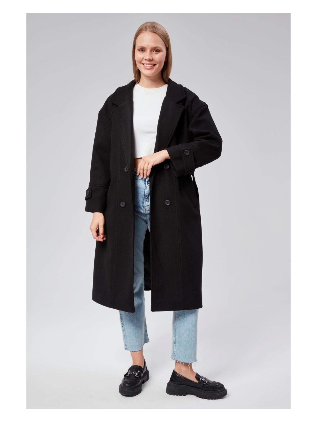 Bolivente Kuşaklı Oversize Kaşe Kaban - Görsel 8