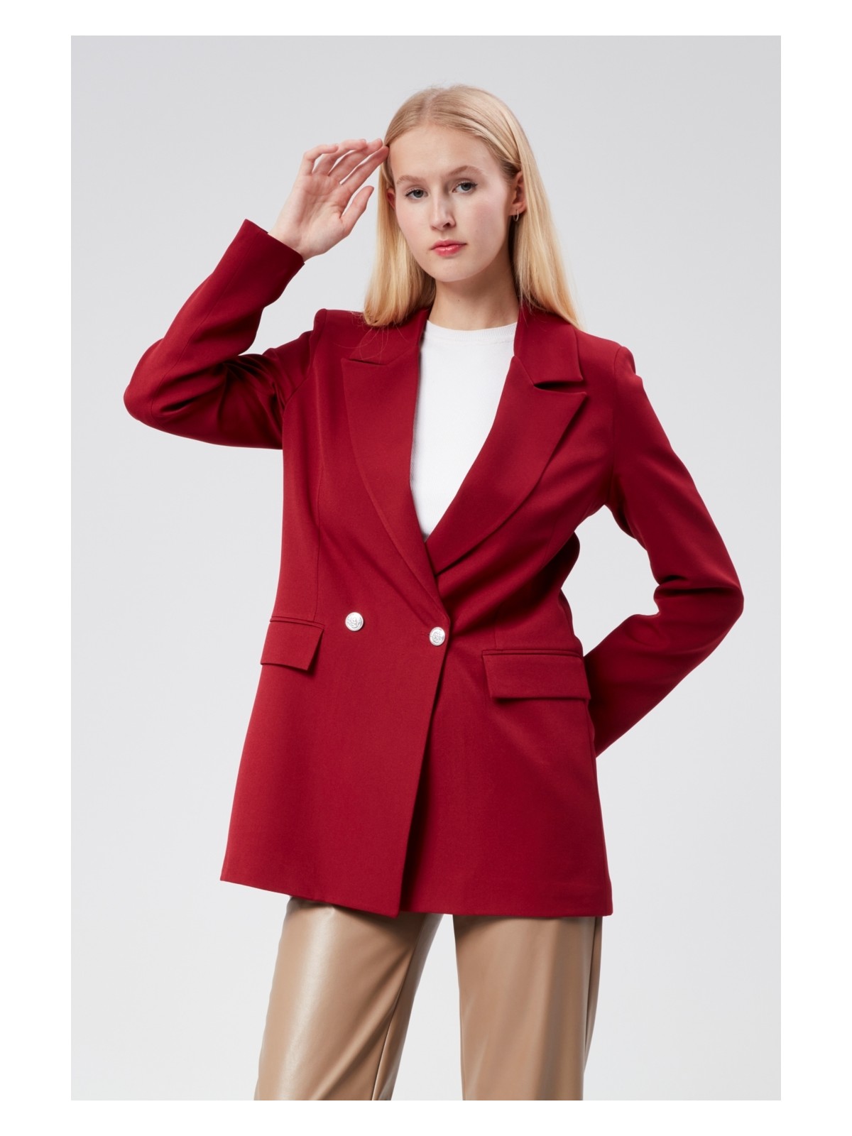 Bolivente Açık Haki Oversize Dokuma Blazer Ceket - Görsel 9