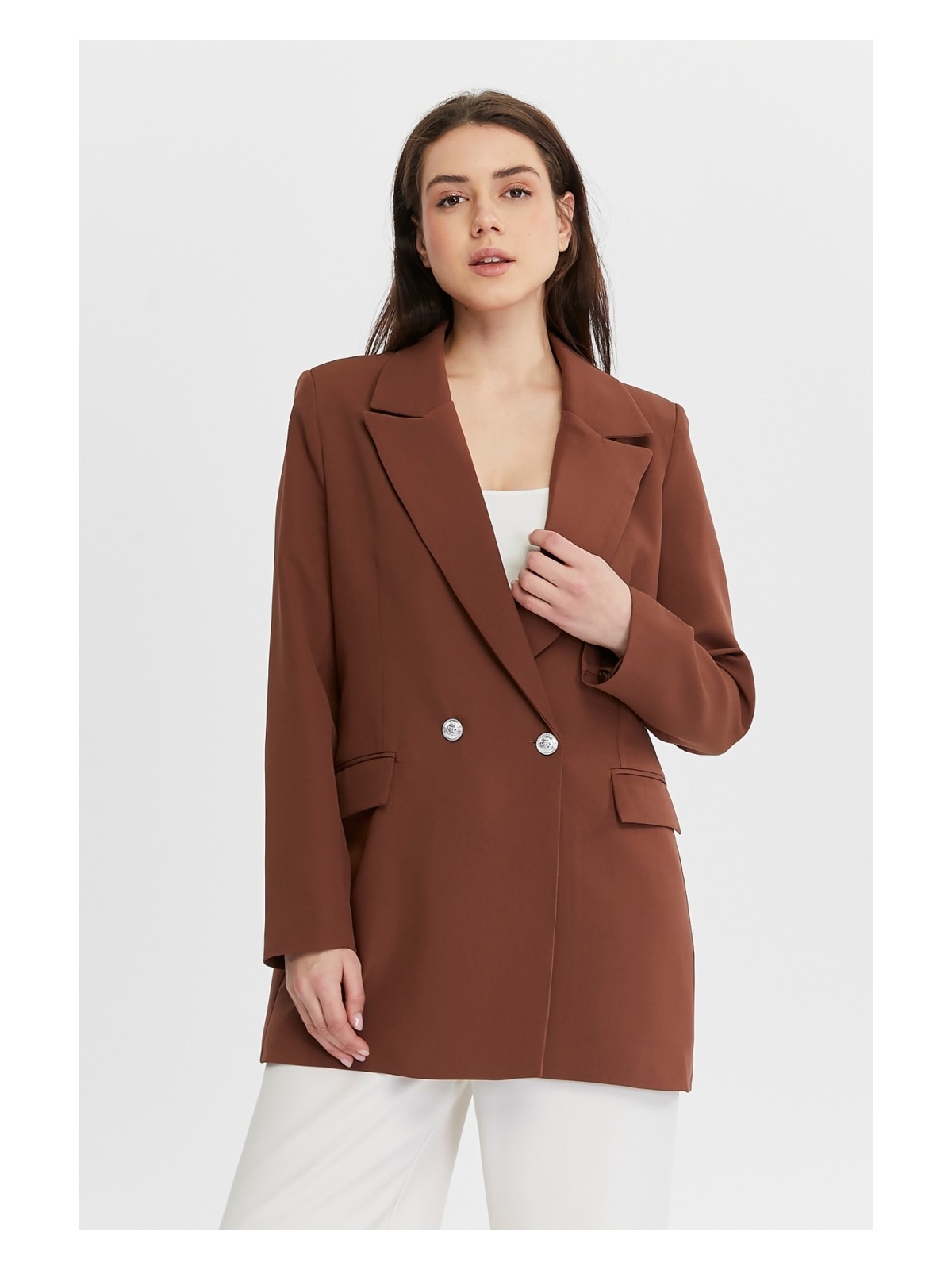 Bolivente Açık Haki Oversize Dokuma Blazer Ceket - Görsel 7