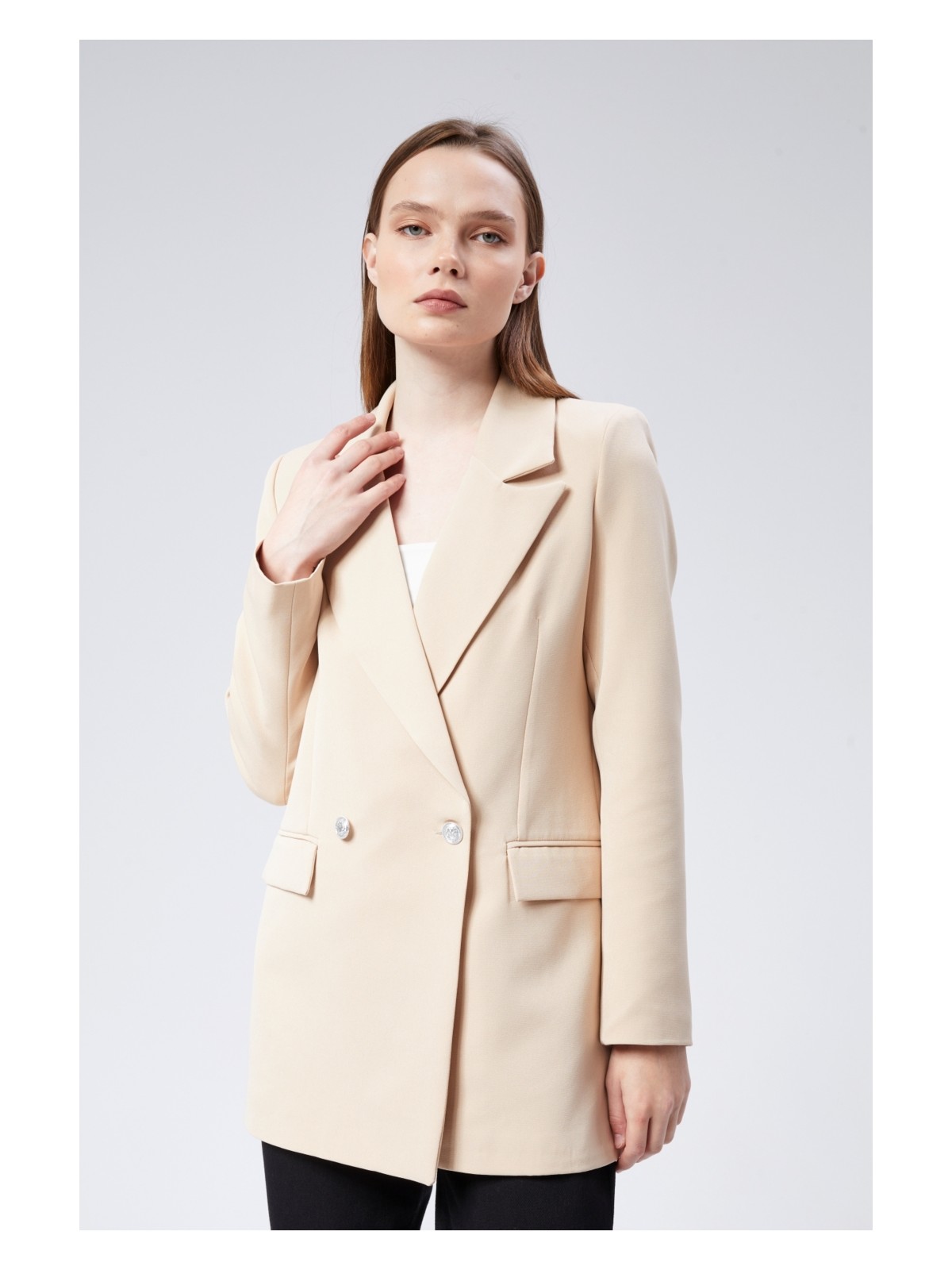 Bolivente Açık Bej Oversize Dokuma Blazer Ceket