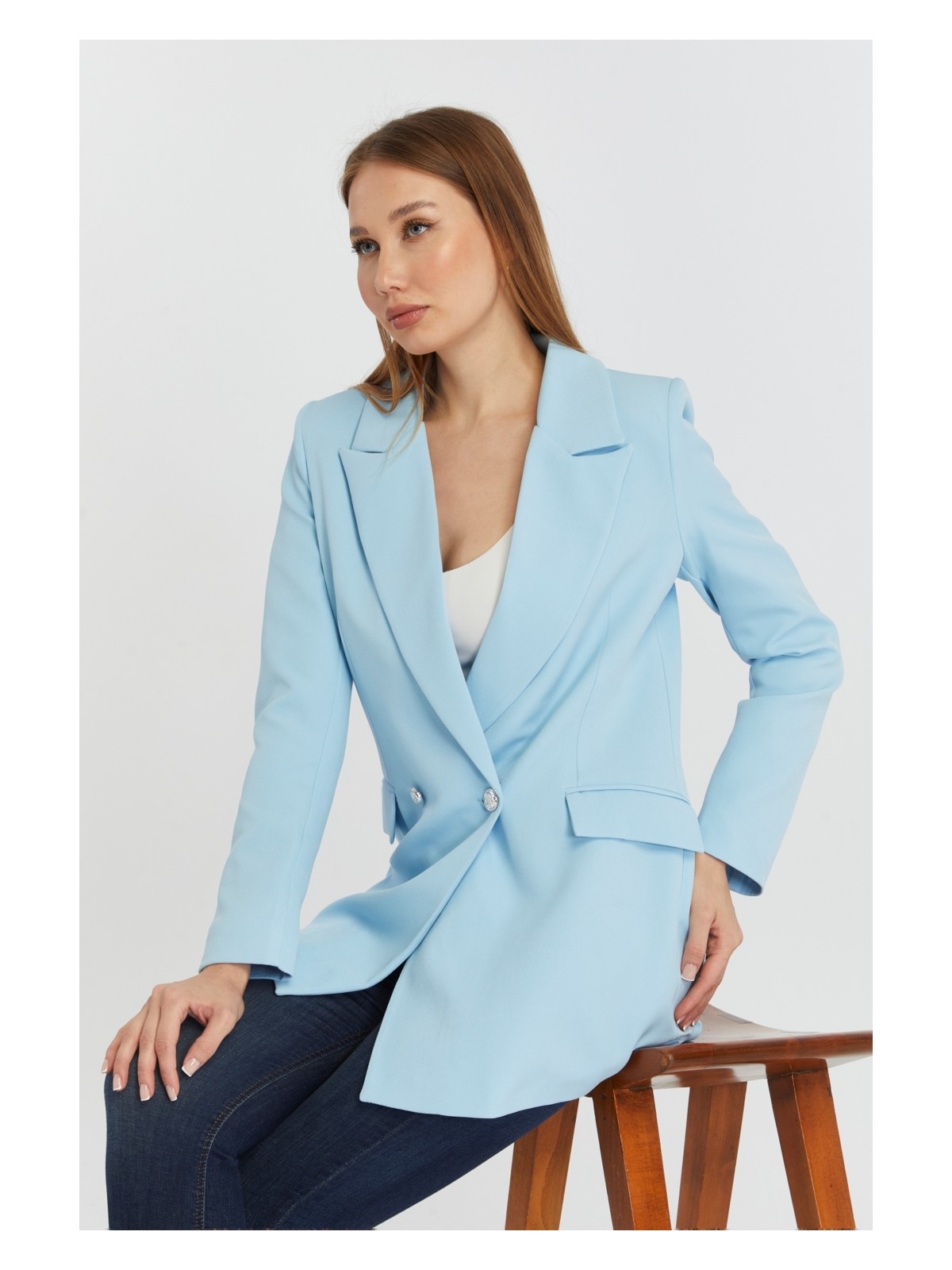 Bolivente Açık Haki Oversize Dokuma Blazer Ceket - Görsel 5