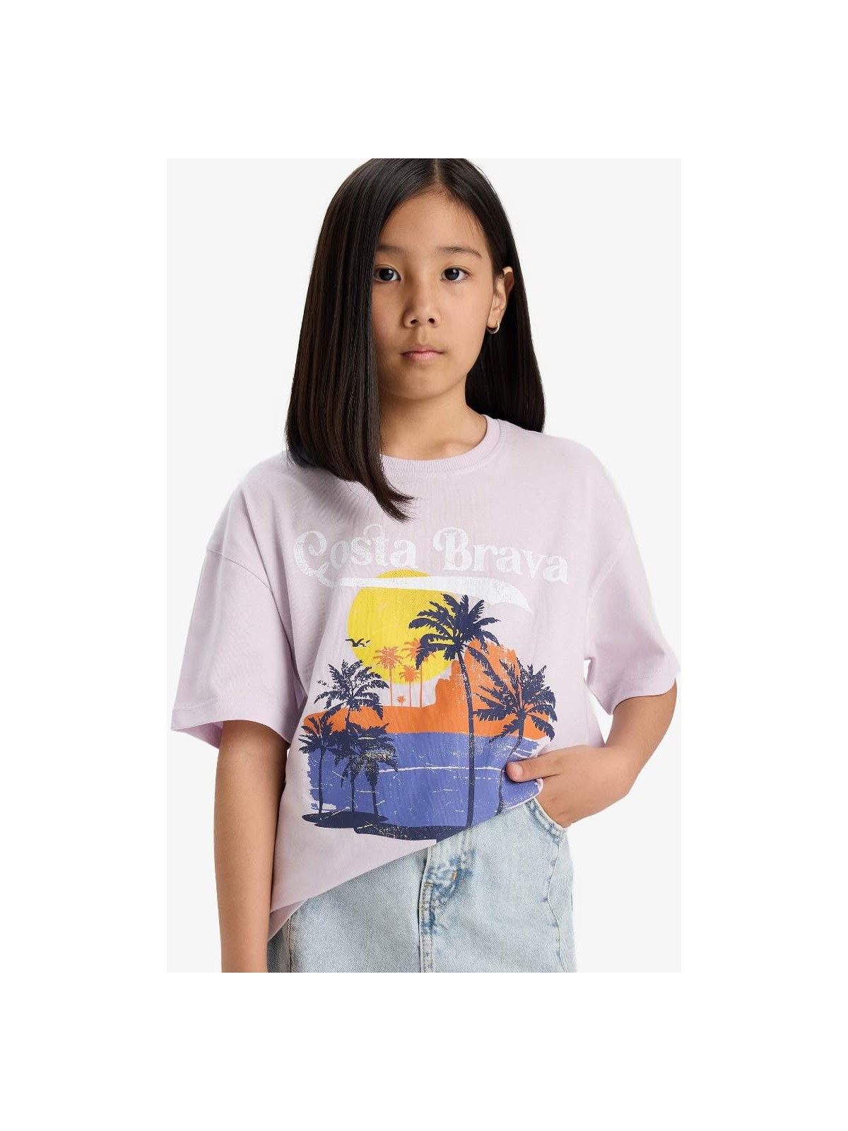 DeFacto Oversize Geniş Kalıp Baskılı Bisiklet Yaka Kısa Kollu Tişört Kız Çocuk E0386A825SM - Görsel 4