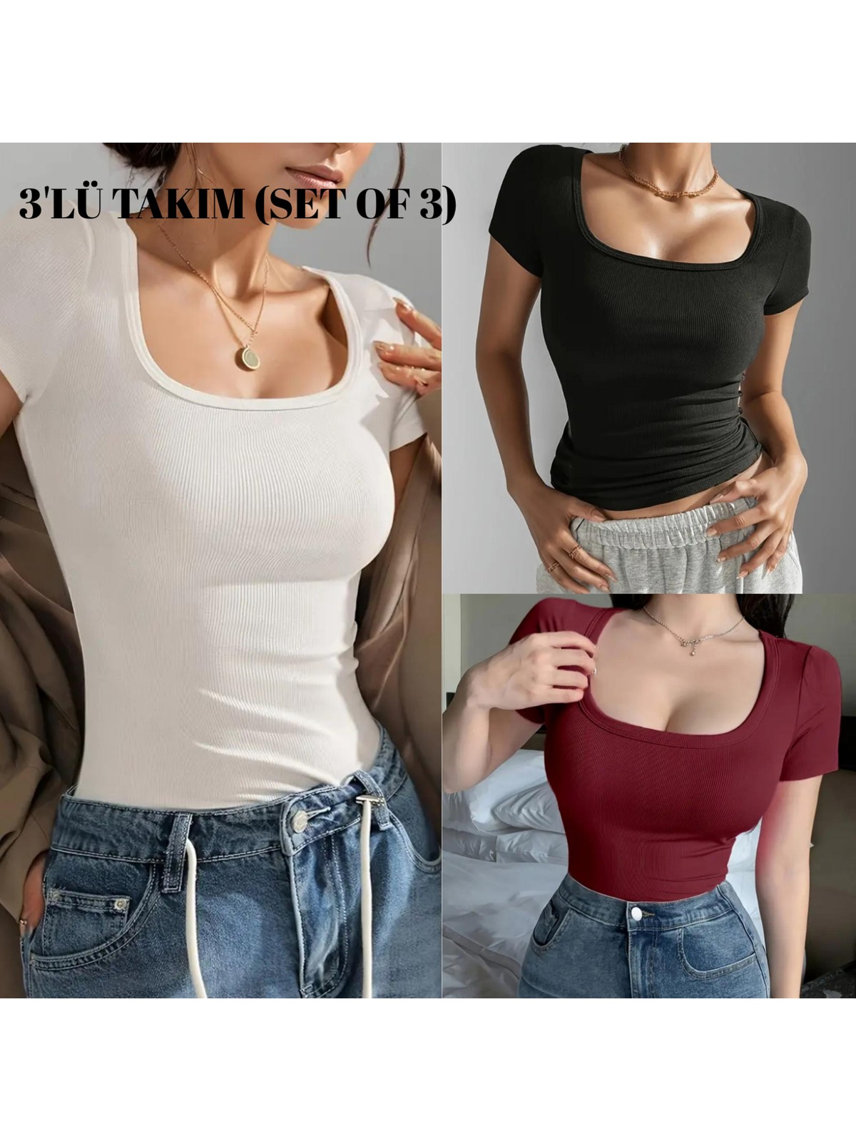 Wearflawless 3'lü Takım Fitilli Göğüs Dekolteli U Yaka Bluz,t-Shirt