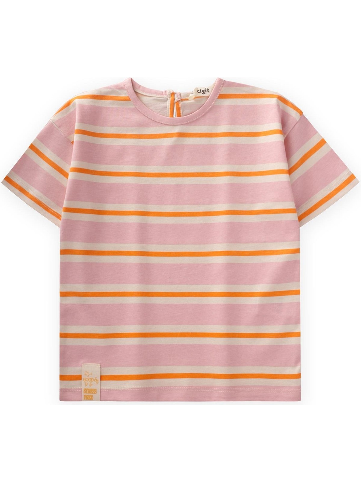 Cigit Çizgili Kız T-Shırt 2-10 Yaş Pembe Turuncu Çizgili