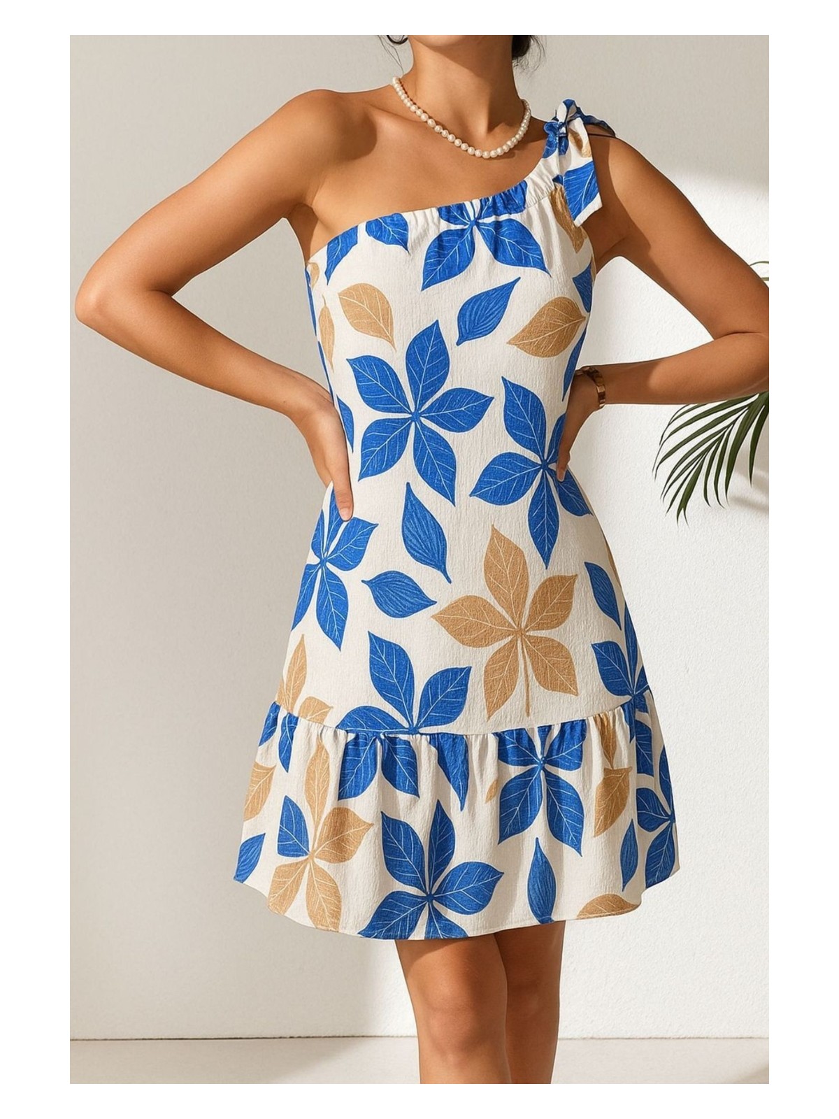 Trendseninle Kadın Sax Mavi-Beyaz Çiçek Desenli Tek Omuz Bağlamalı Fırfırlı Krinkıl Elbise