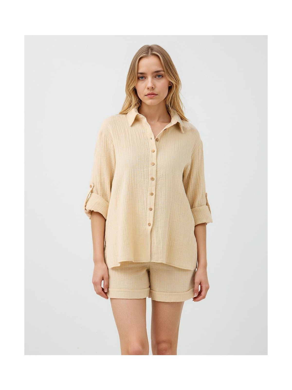 Jimmy Key Bej Uzun Kollu Düğme Detaylı Dokuma Gömlek
