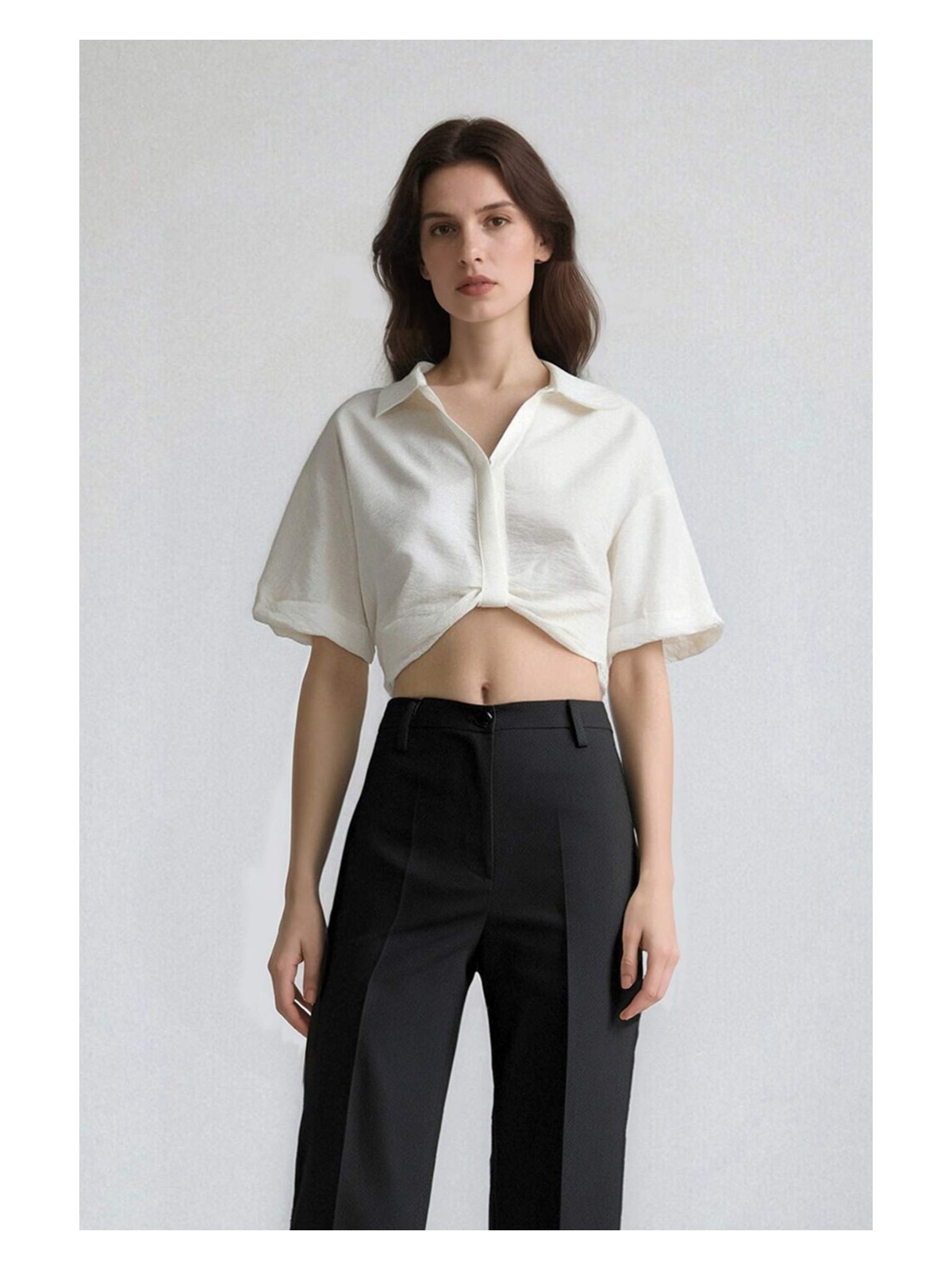 DeFacto Cropped Fit Gömlek Yaka Keten Görünümlü Kısa Kollu Bluz C7799AX25SP