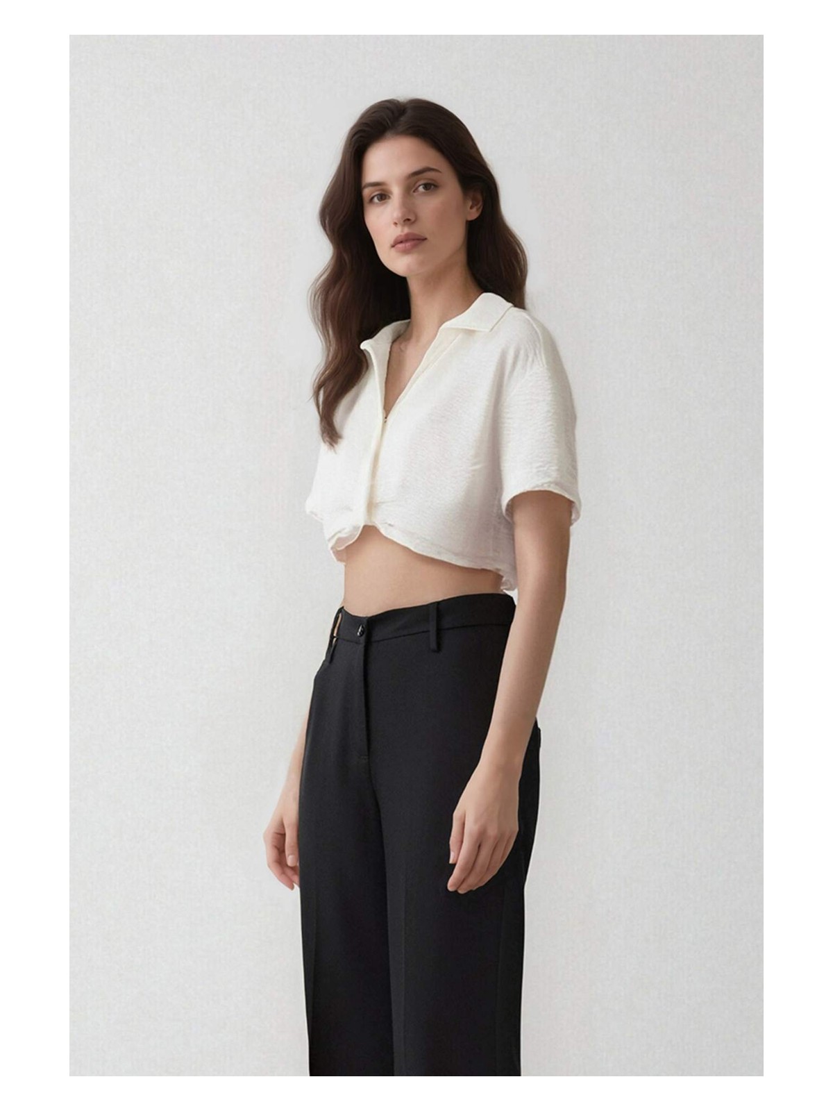 DeFacto Cropped Fit Gömlek Yaka Keten Görünümlü Kısa Kollu Bluz C7799AX25SP - Görsel 3