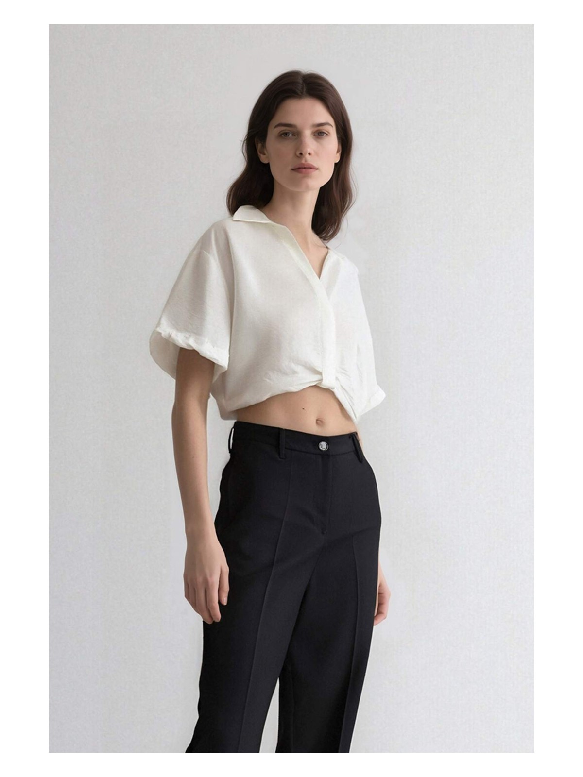 DeFacto Cropped Fit Gömlek Yaka Keten Görünümlü Kısa Kollu Bluz C7799AX25SP - Görsel 4