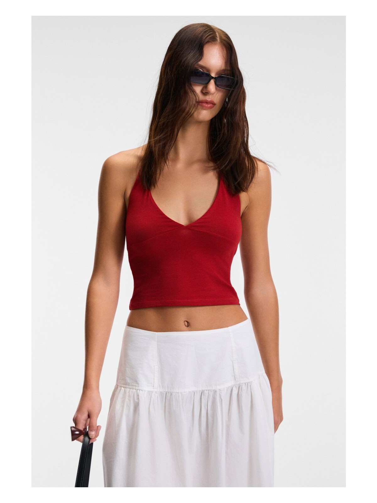 Grimelange MORIENNE Kadın Halter Yaka Kalın Askılı Sırtı Açık Crop Siyah Bluz - Görsel 4